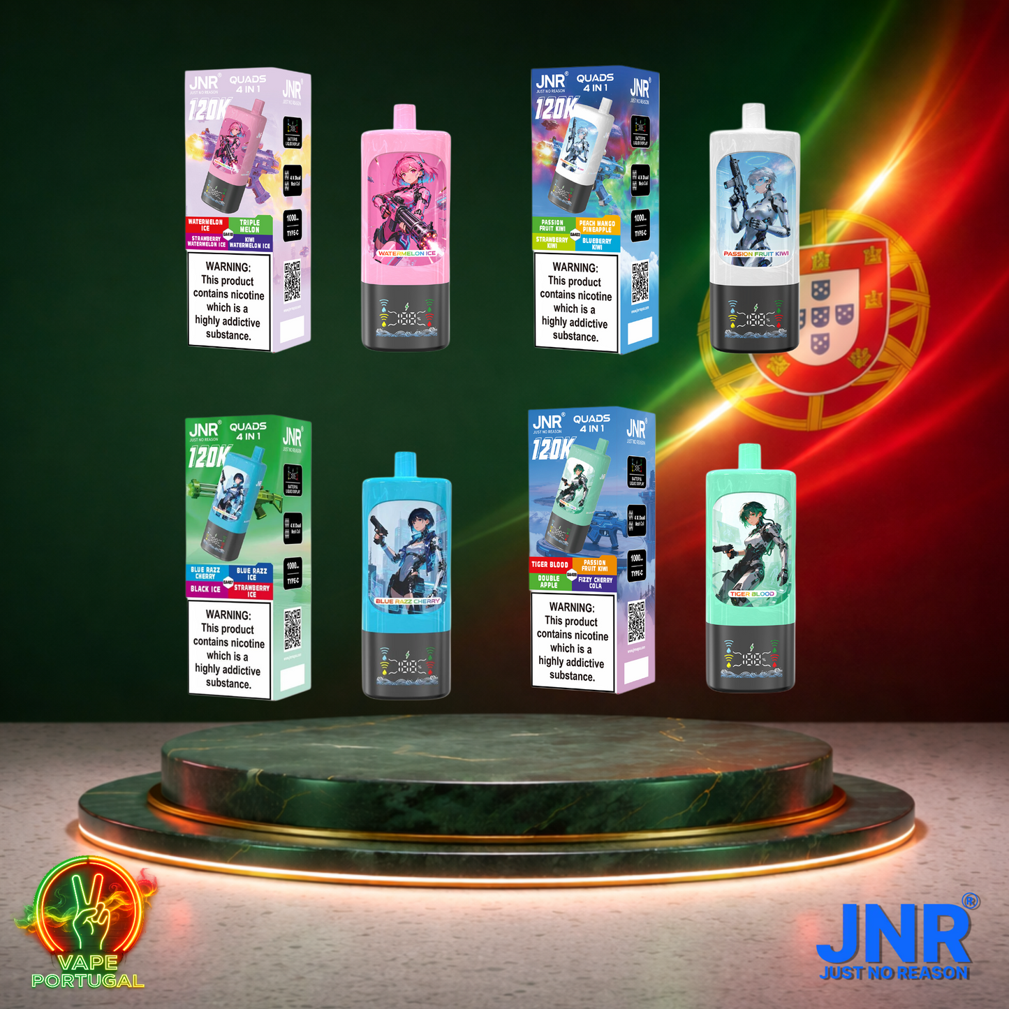 Vape descartável JNR Quads 4 em 1 120K (Vista Frontal) em vários sabores 120000 puffs 120K tragadas mais barato