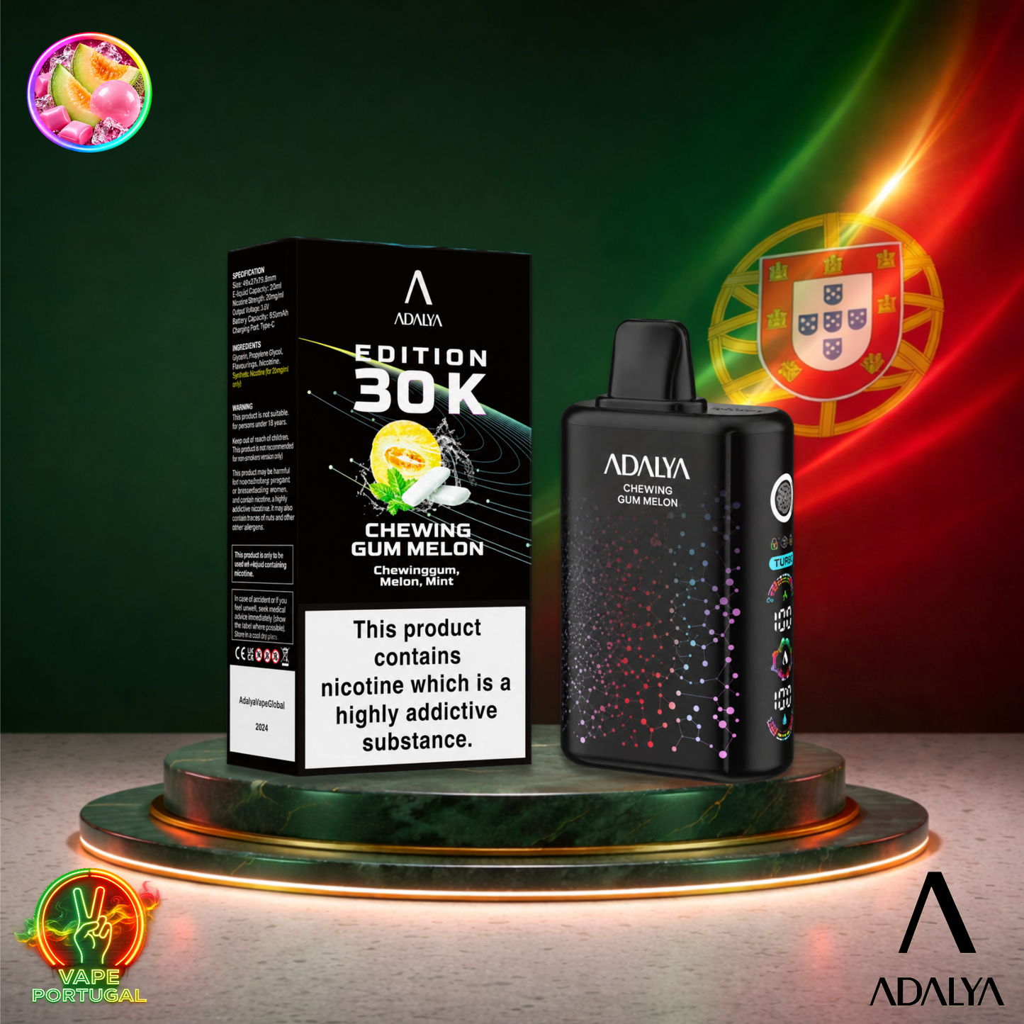 Vape descartável Adalya Edition 30K Chewing Gum Melon 30000 puffs comprar em Portugal