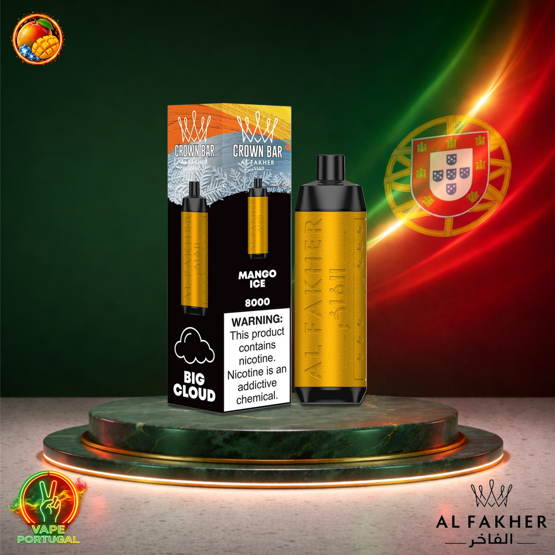 Vape descartável Al Fakher Crown Bar 8K sabor Mango Ice 8000 puffs 8K tragadas mais barato