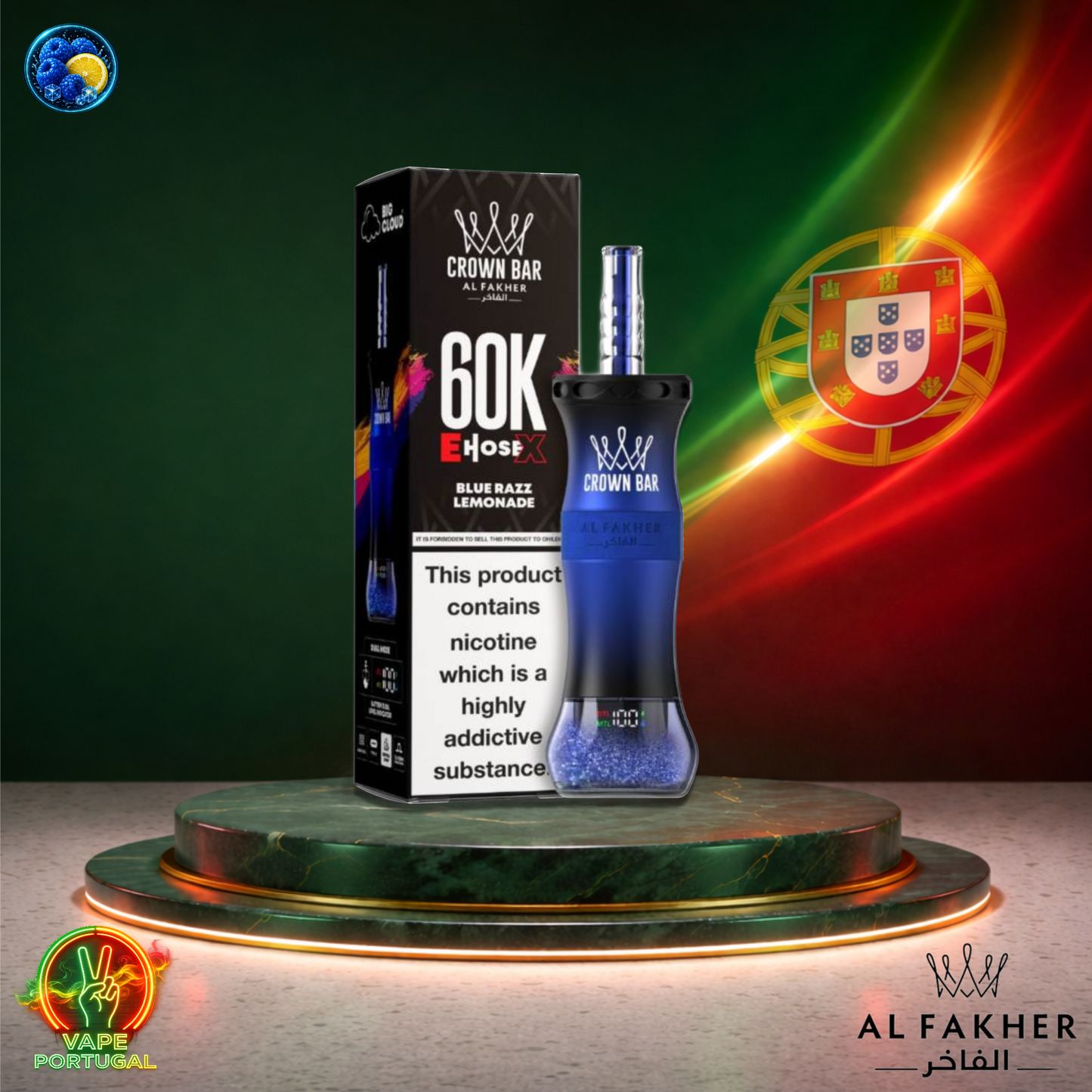 Vape descartável Al Fakher Crown Bar EHose X 60K sabor Blue Razz Lemonade 60000 puffs 60K tragadas ao preço mais barato