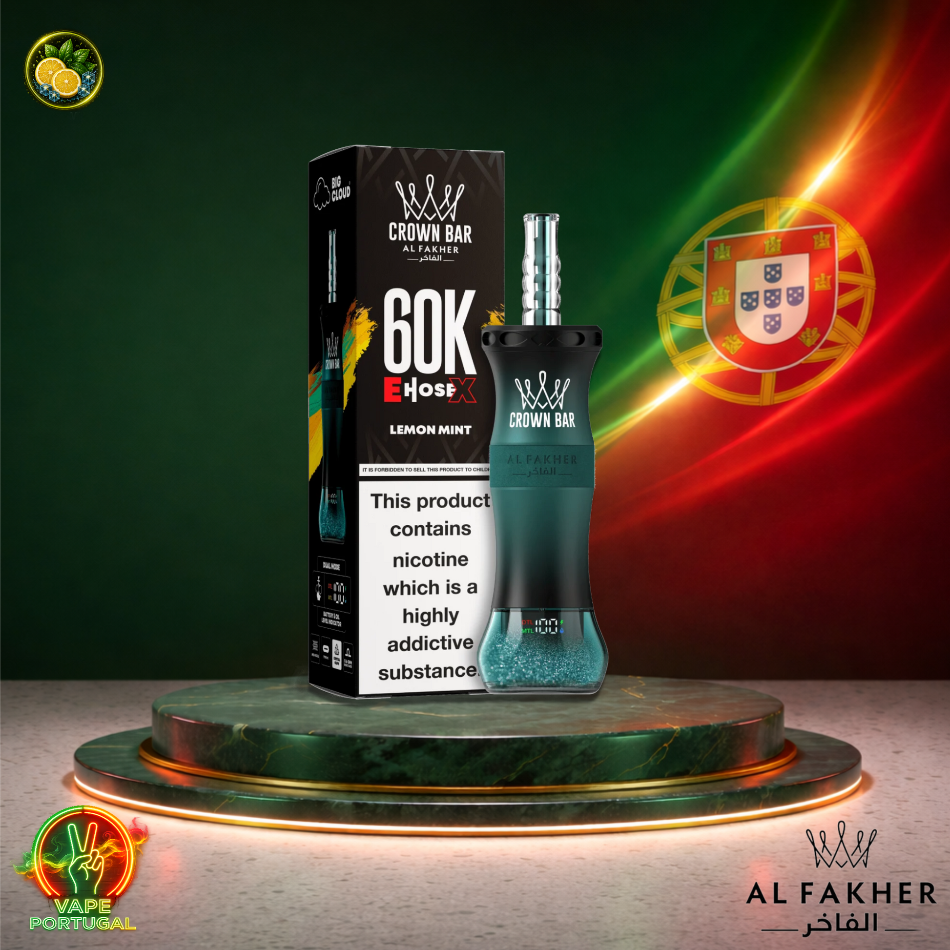 Vape descartável Al Fakher Crown Bar EHose X 60K sabor Lemon Mint 60000 puffs 60K tragadas ao preço mais barato