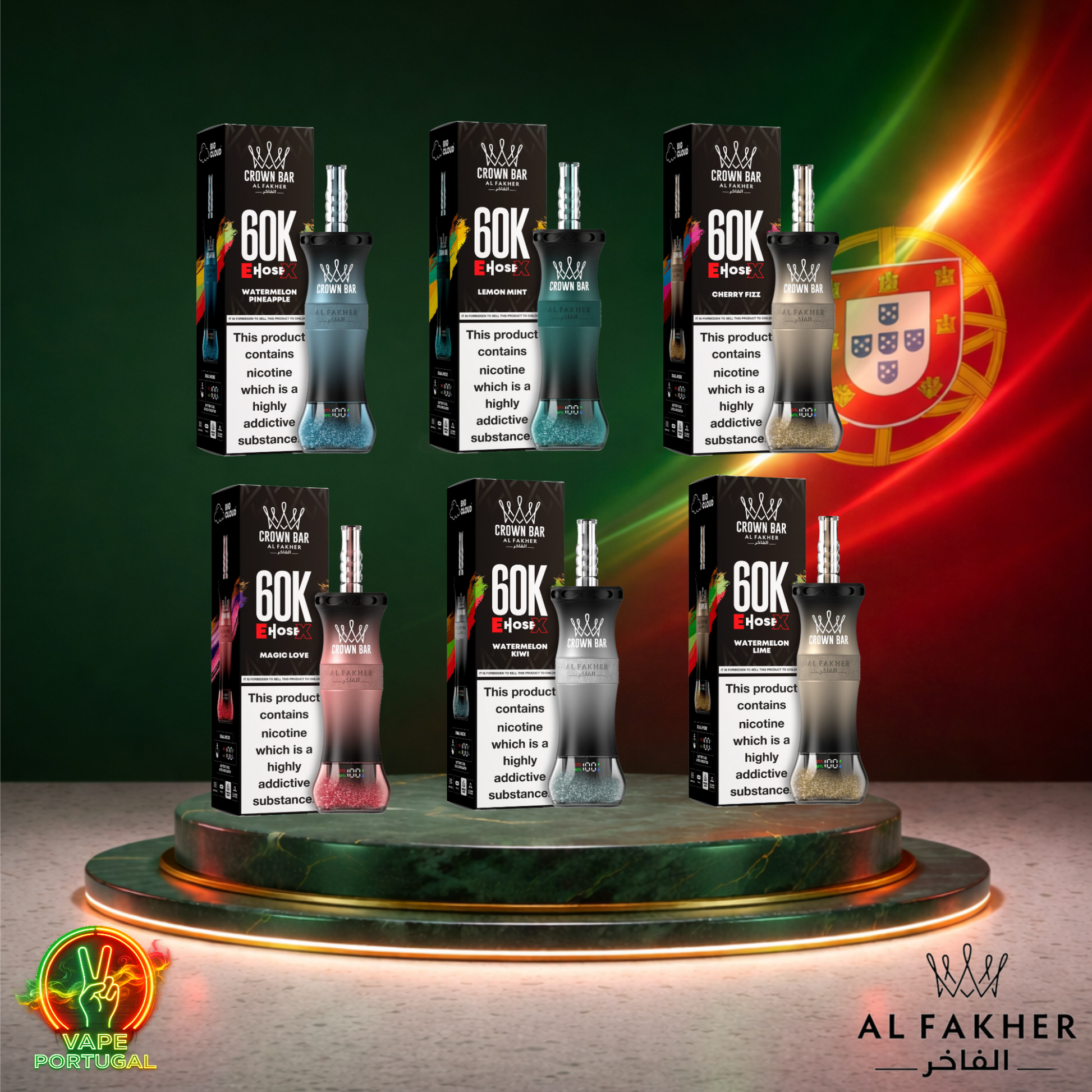 Vape descartável Al Fakher Crown Bar EHose X 60K Vários Sabores 60000 puffs 60K tragadas ao preço mais barato em caixa de exibição