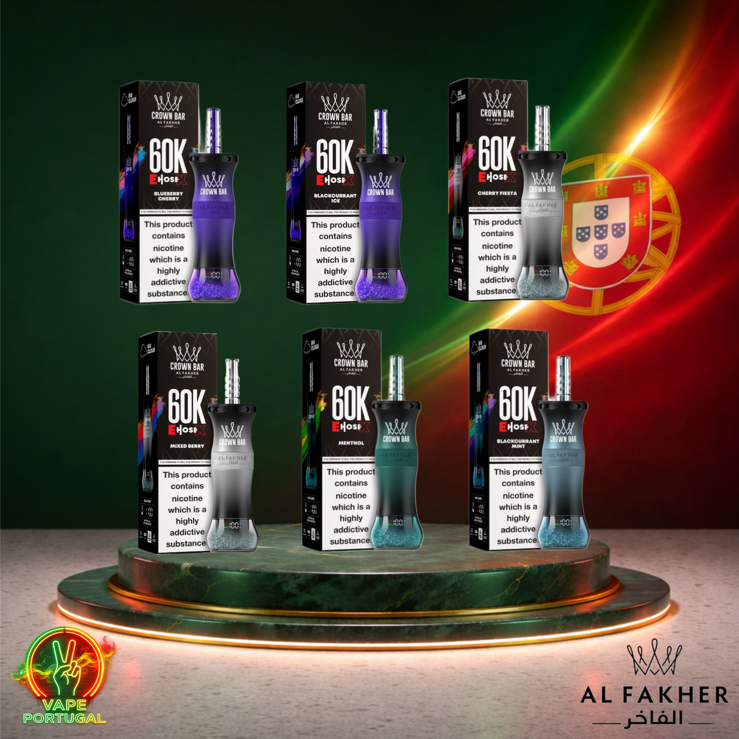 Vape descartável Al Fakher Crown Bar EHose X 60K Vários Sabores 60000 puffs 60K tragadas ao preço mais barato em coleção completa