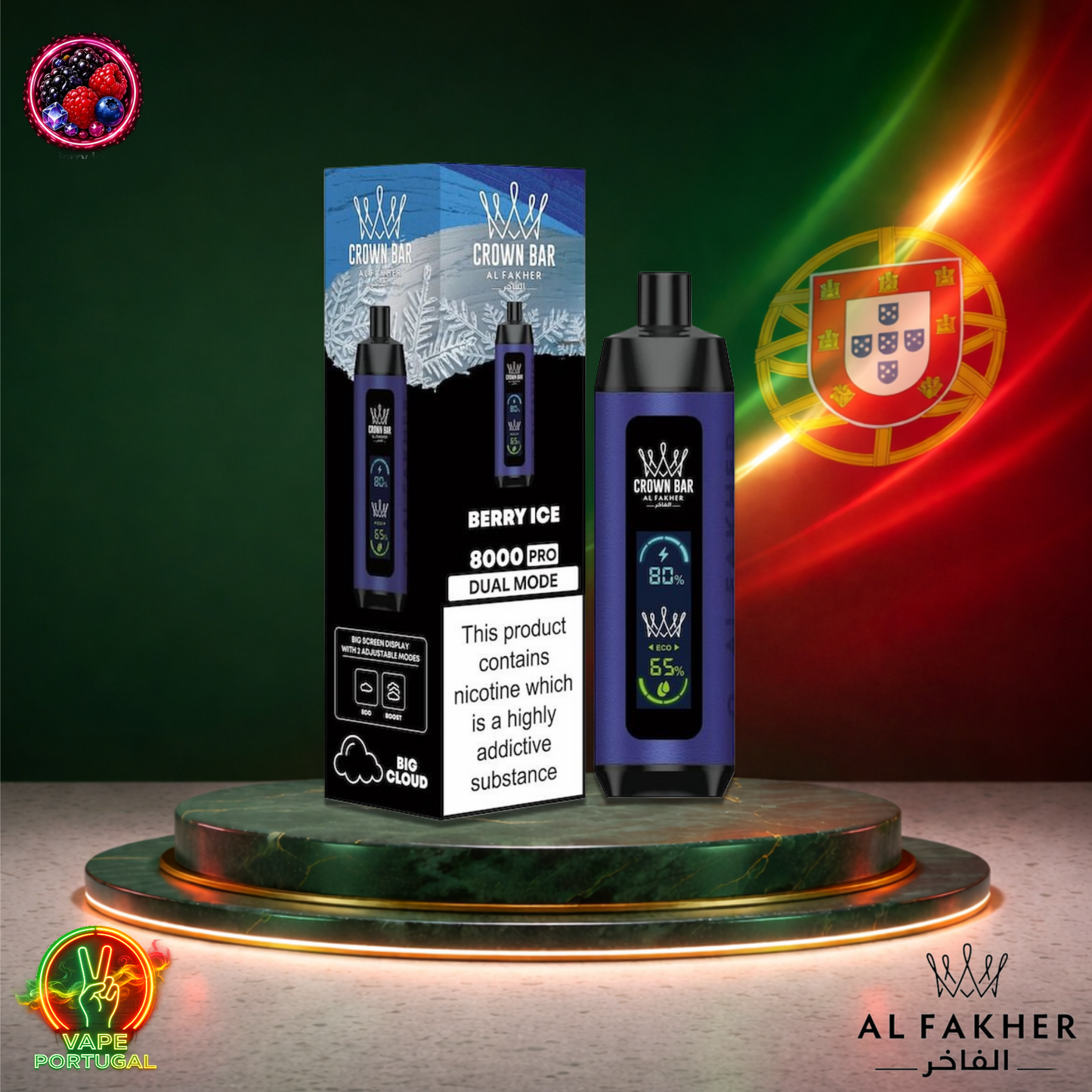 Vape descartável Al Fakher Crown Bar Pro 8K sabor Berry Ice 8000 puffs 8K tragadas mais barato