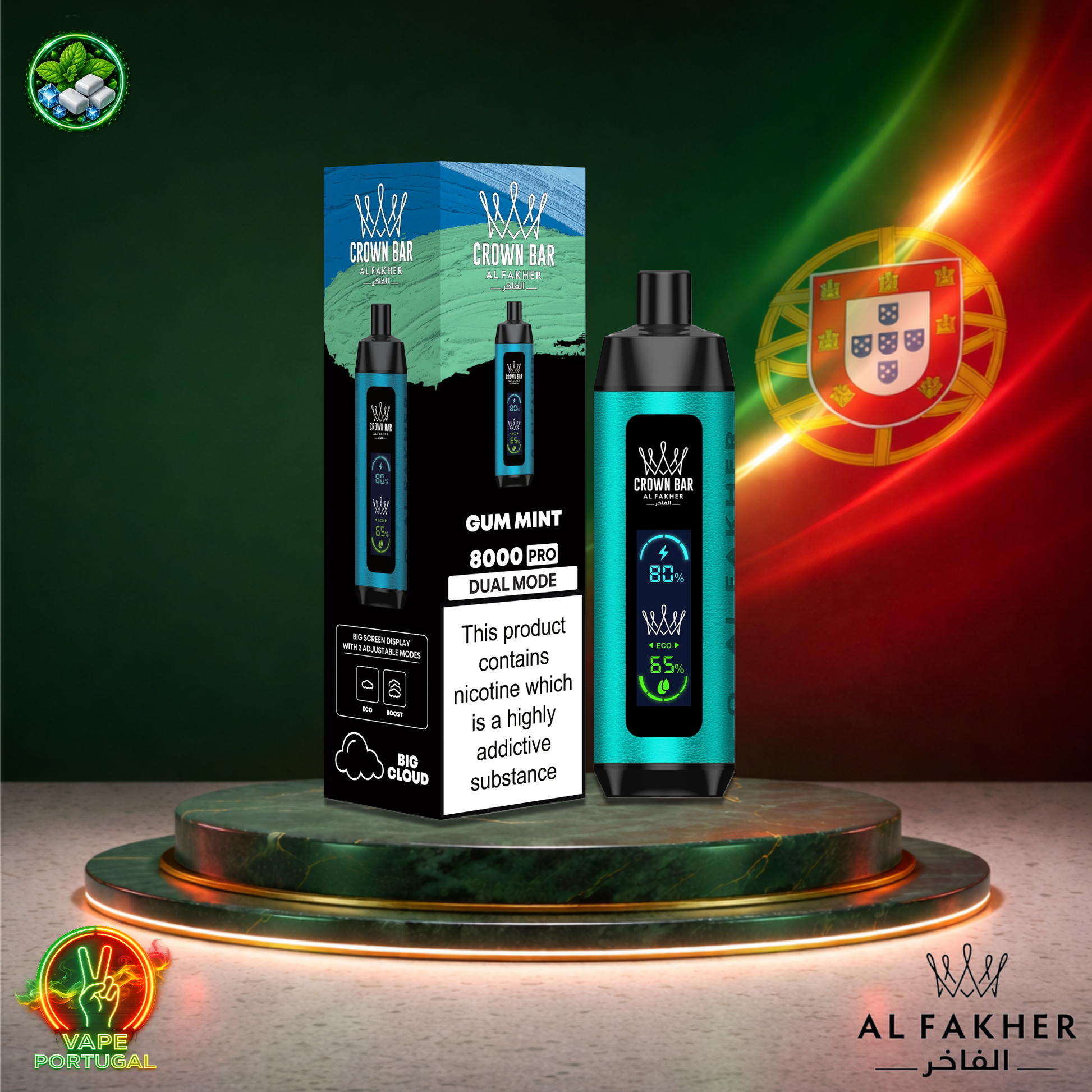 Vape descartável Al Fakher Crown Bar Pro 8K sabor Gum Mint 8000 puffs 8K tragadas mais barato