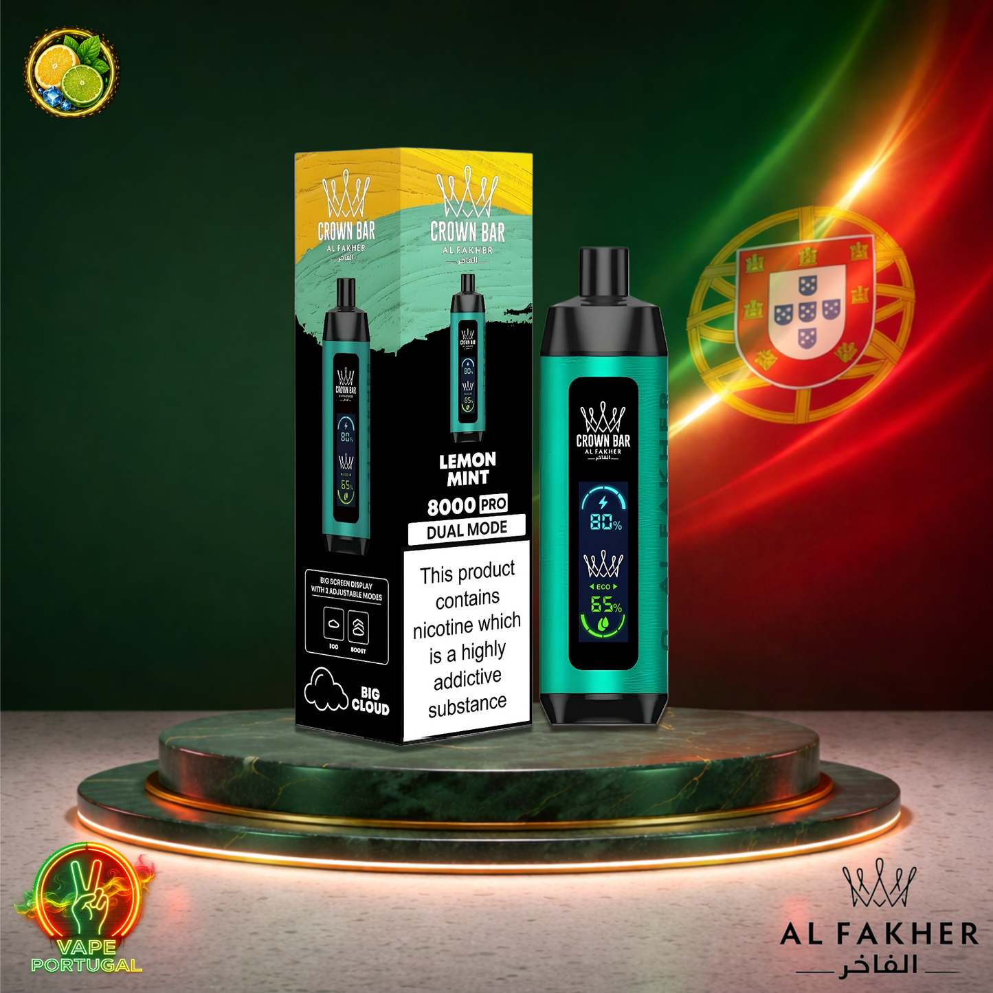 Vape descartável Al Fakher Crown Bar Pro 8K sabor Lemon Mint 8000 puffs 8K tragadas mais barato
