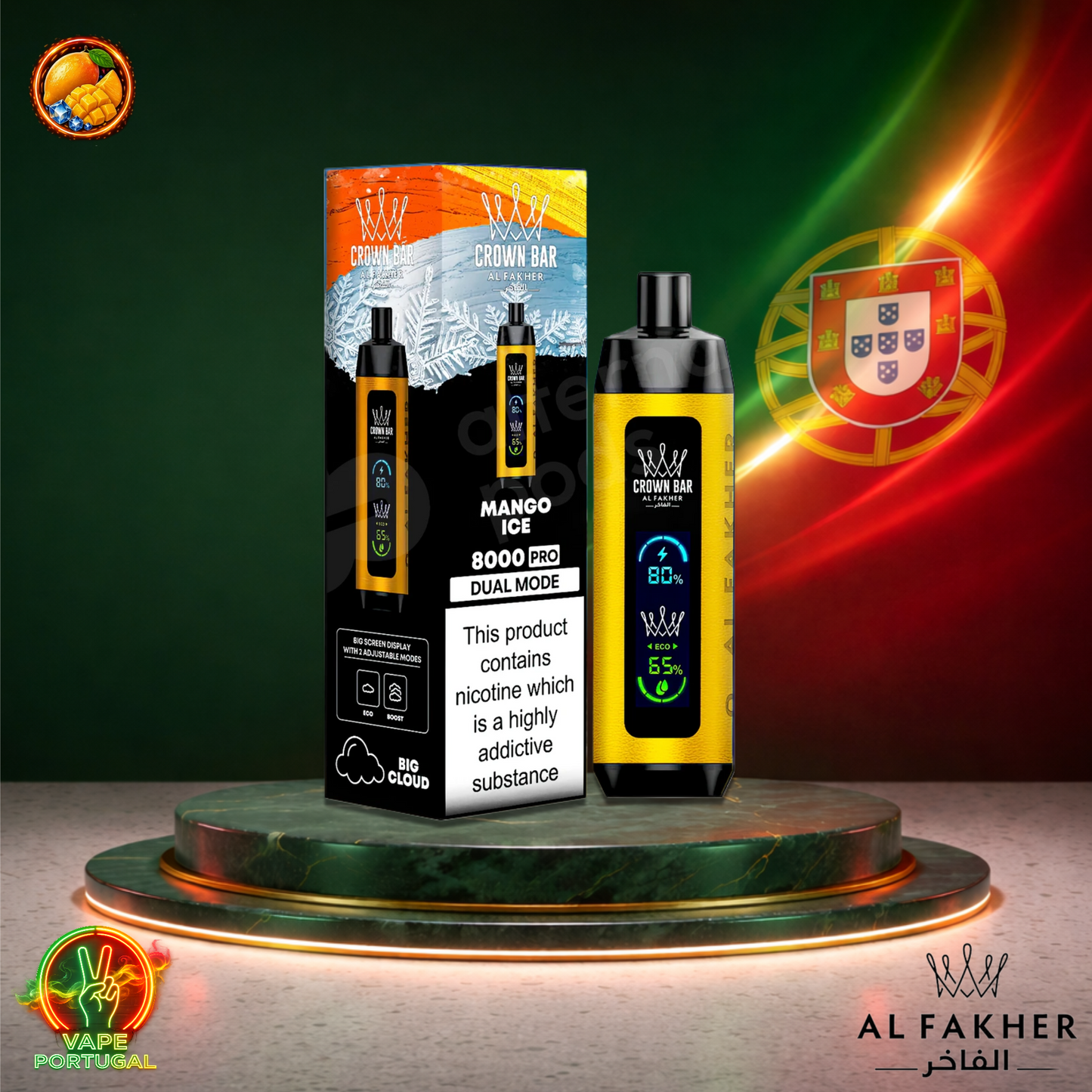 Vape descartável Al Fakher Crown Bar Pro 8K sabor Mango Ice 8000 puffs 8K tragadas mais barato