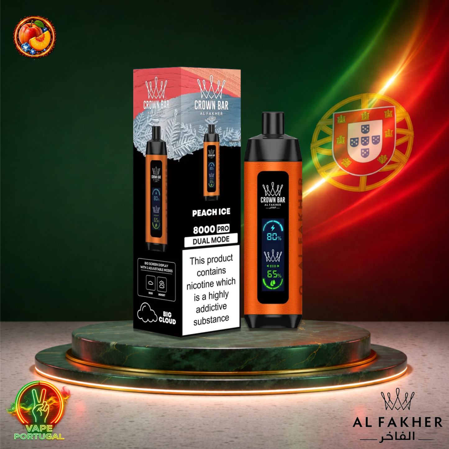 Vape descartável Al Fakher Crown Bar Pro 8K sabor Peach Ice 8000 puffs 8K tragadas mais barato
