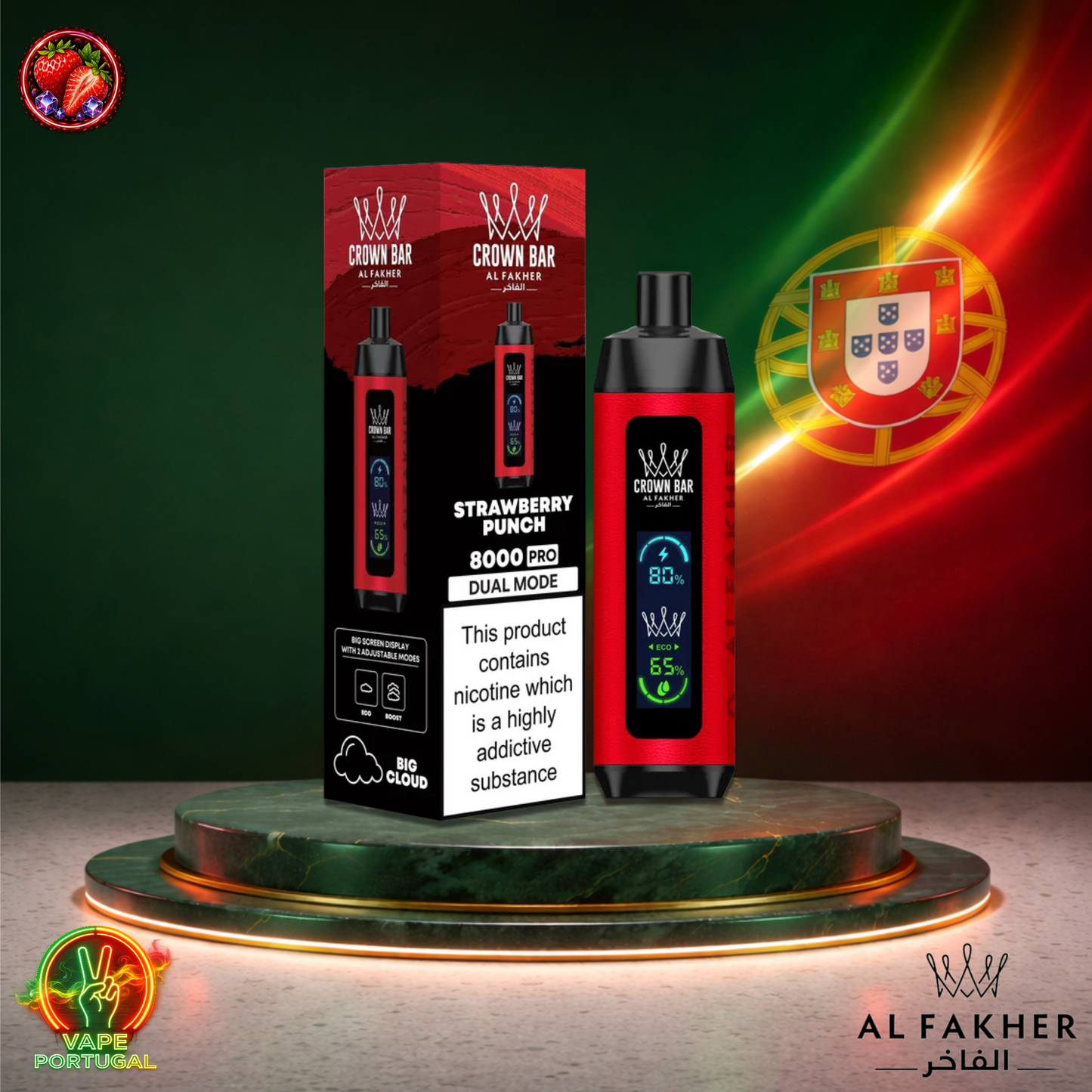 Vape descartável Al Fakher Crown Bar Pro 8K sabor Strawberry Punch 8000 puffs 8K tragadas mais barato