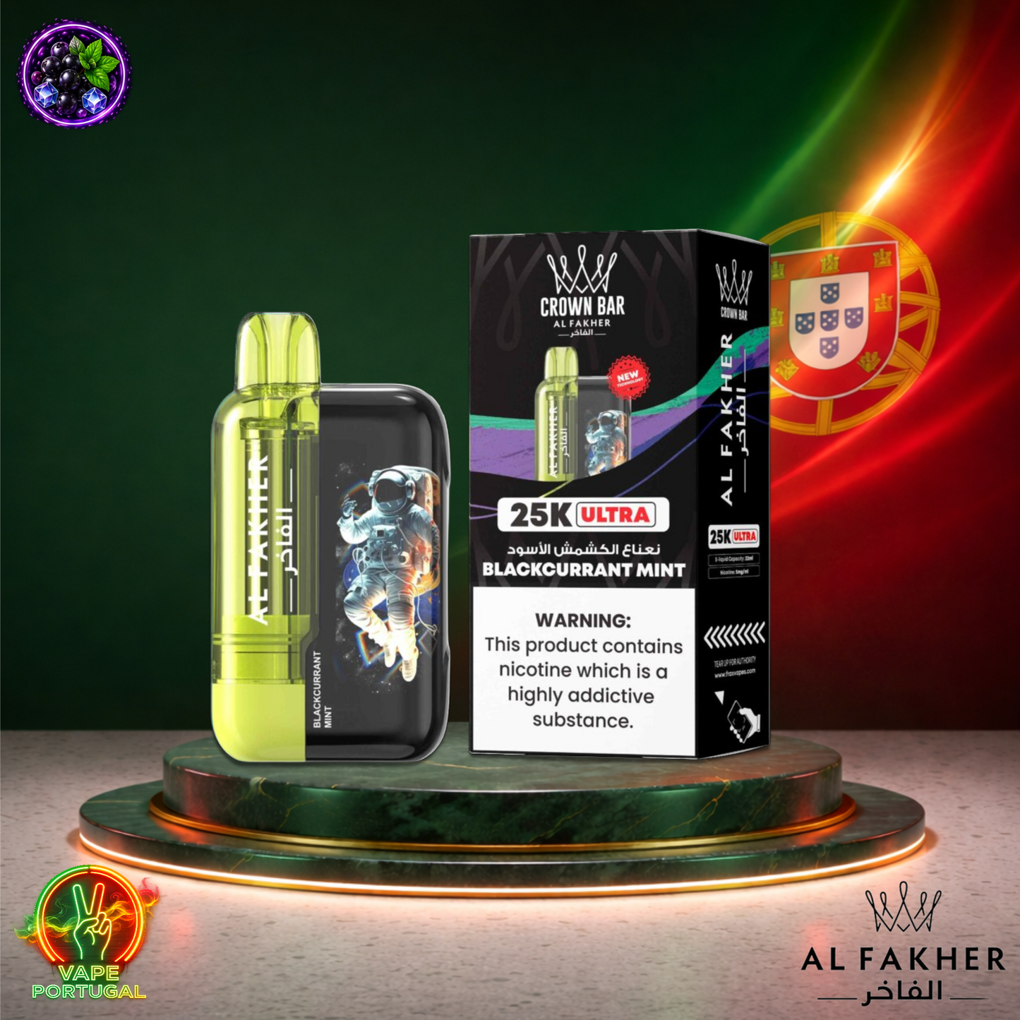 Vape descartável Al Fakher Crown Bar Ultra 25K sabor Blackcurrant Mint 25000 puffs 25K tragadas mais barato