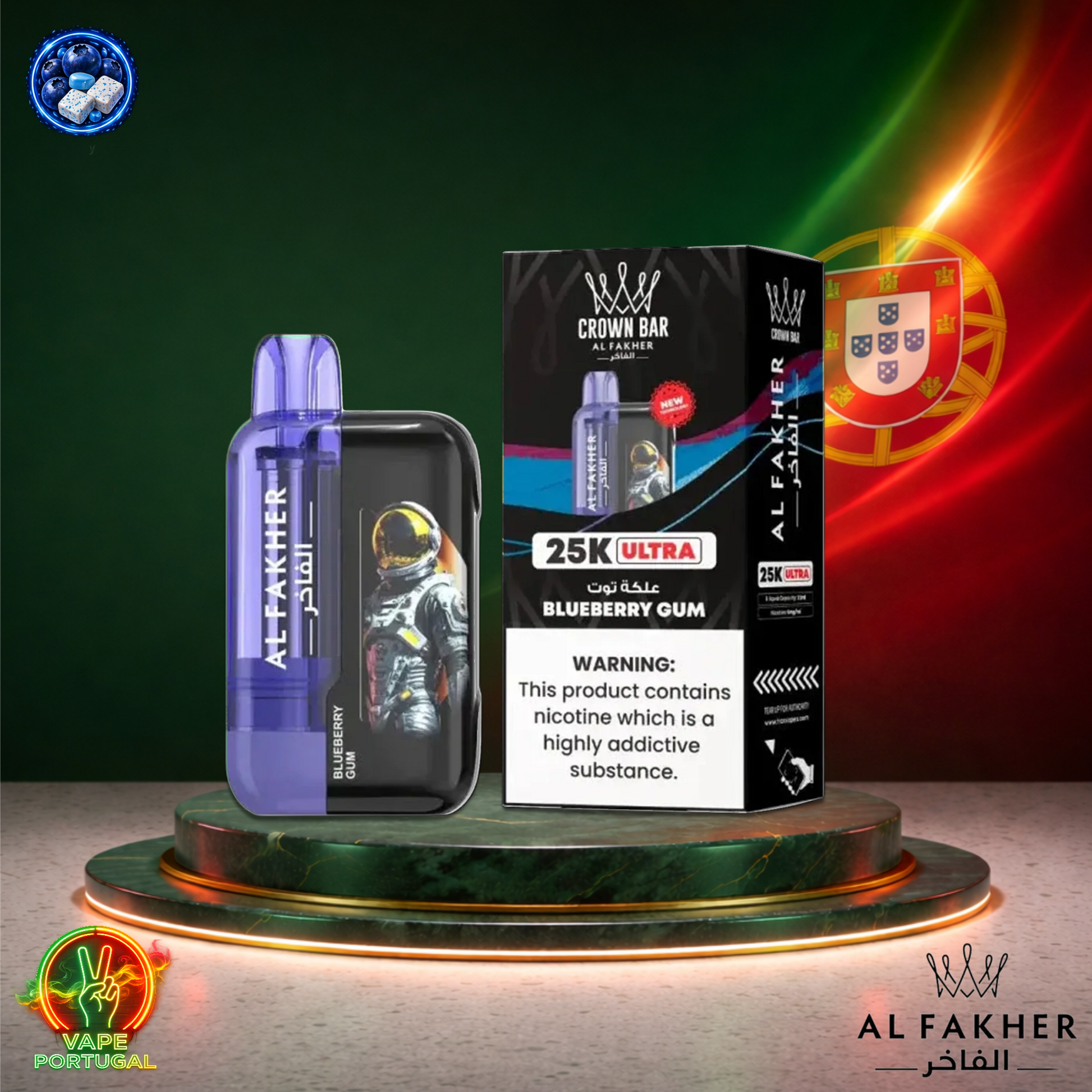 Vape descartável Al Fakher Crown Bar Ultra 25K sabor Blueberry Gum 25000 puffs 25K tragadas mais barato
