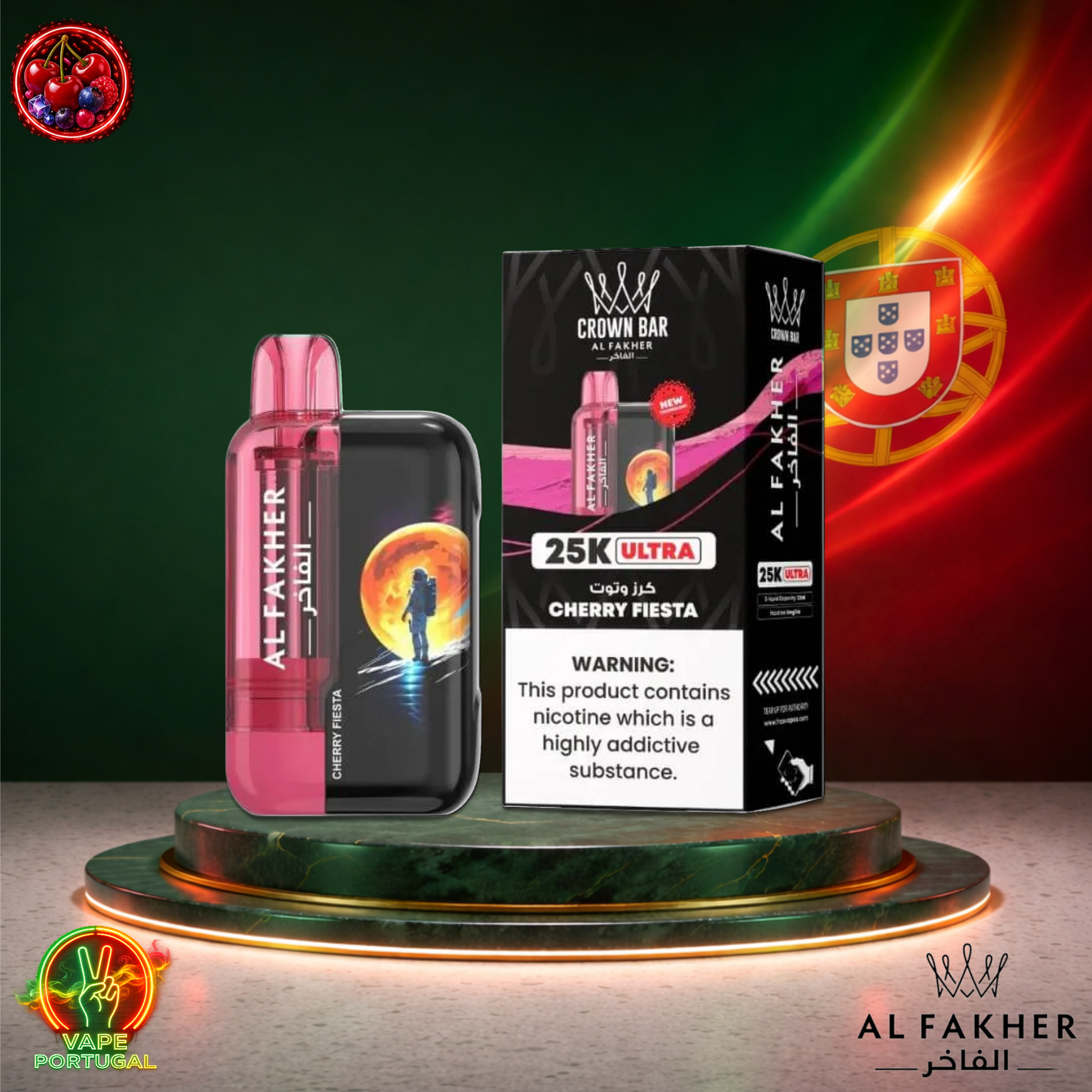 Vape descartável Al Fakher Crown Bar Ultra 25K sabor Cherry Fiesta 25000 puffs 25K tragadas mais barato