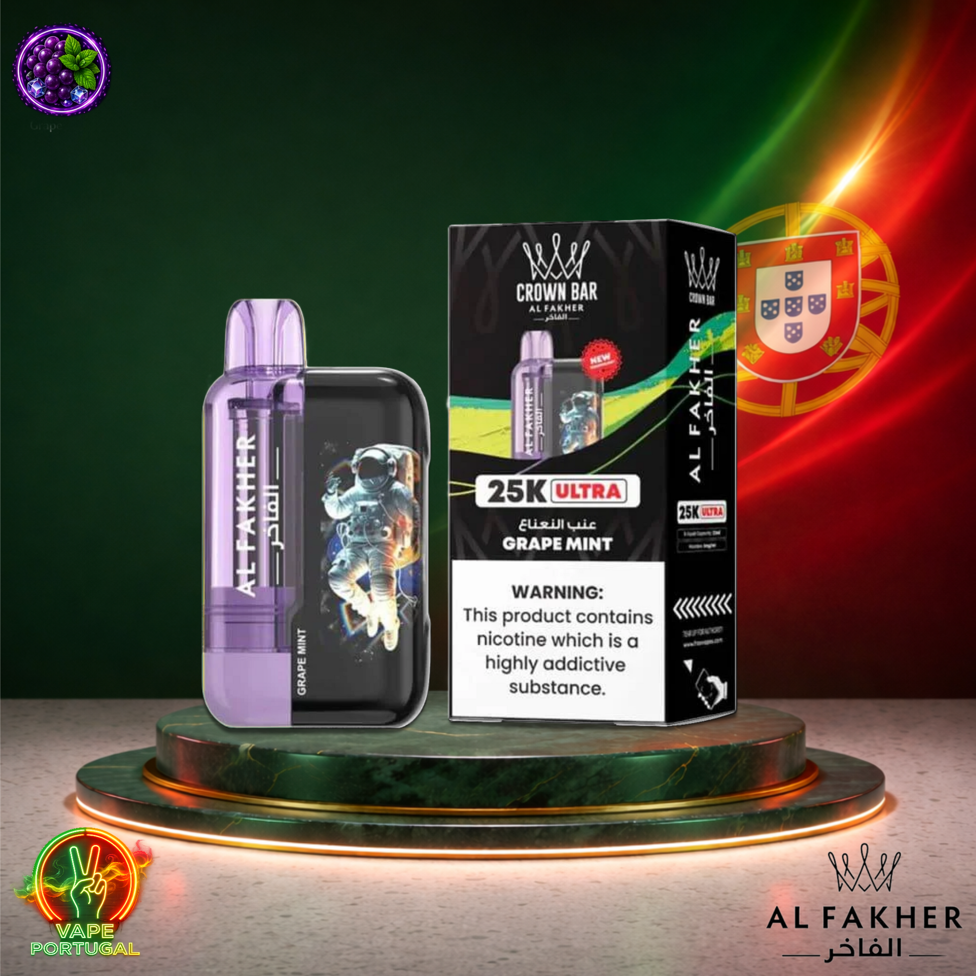 Vape descartável Al Fakher Crown Bar Ultra 25K sabor Grape Mint 25000 puffs 25K tragadas mais barato