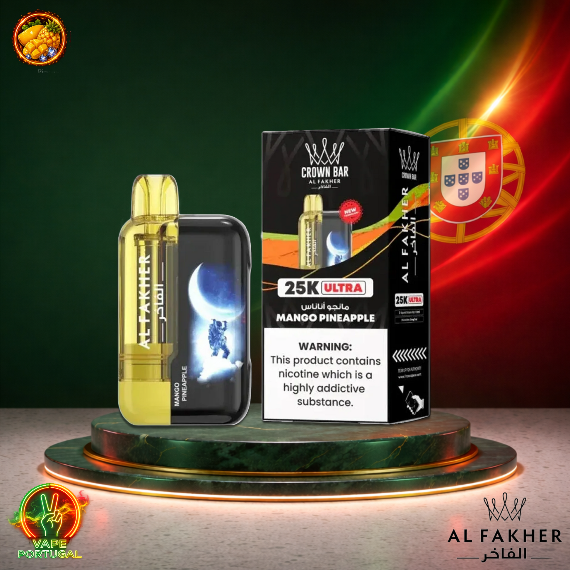 Vape descartável Al Fakher Crown Bar Ultra 25K sabor Mango Pineapple 25000 puffs 25K tragadas mais barato