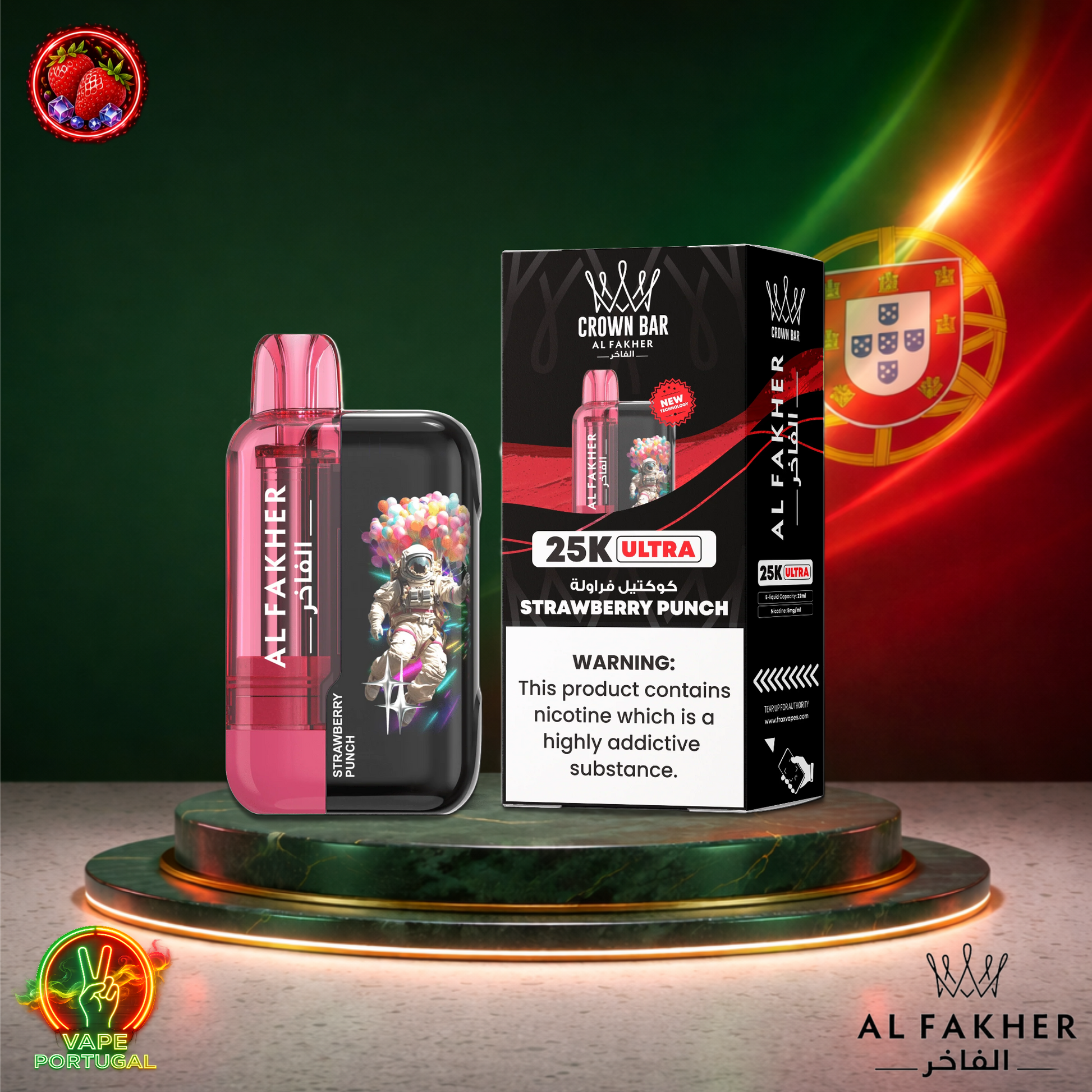 Vape descartável Al Fakher Crown Bar Ultra 25K sabor Strawberry Punch 25000 puffs 25K tragadas mais barato