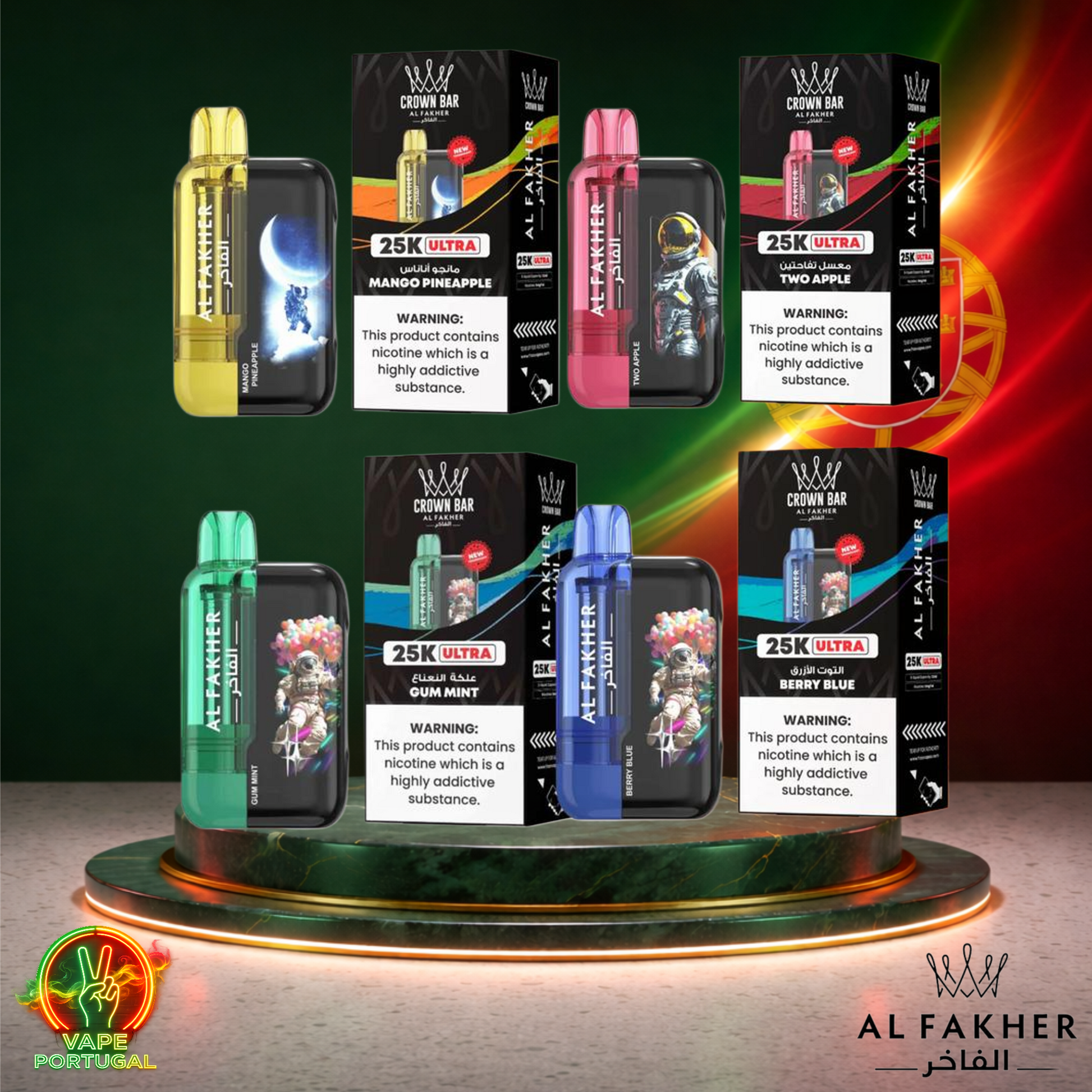 Vape descartável Al Fakher Crown Bar Ultra 25K Vários Sabores 25000 puffs 25K tragadas mais barato em caixa