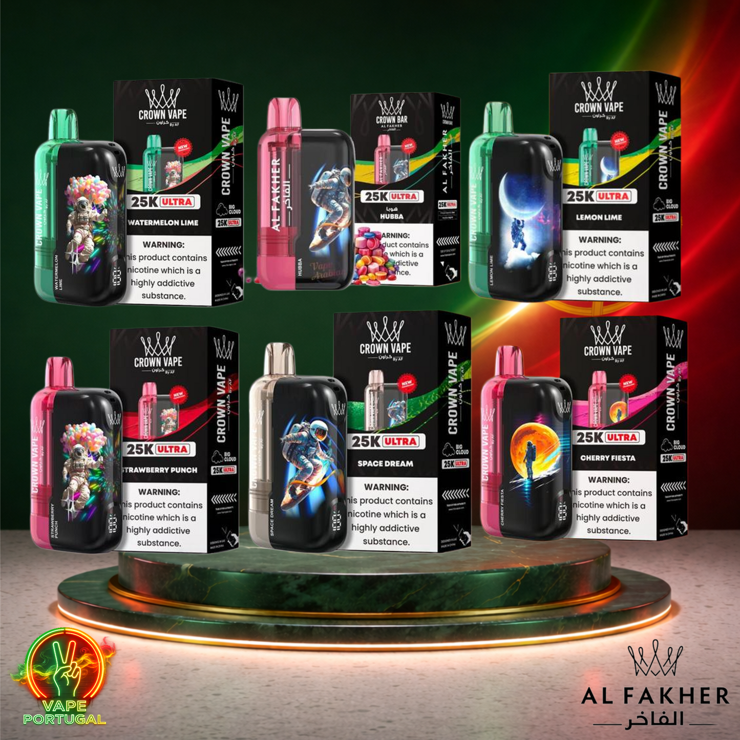 Vape descartável Al Fakher Crown Bar Ultra 25K Vários Sabores 25000 puffs 25K tragadas mais barato - Vista Frontal