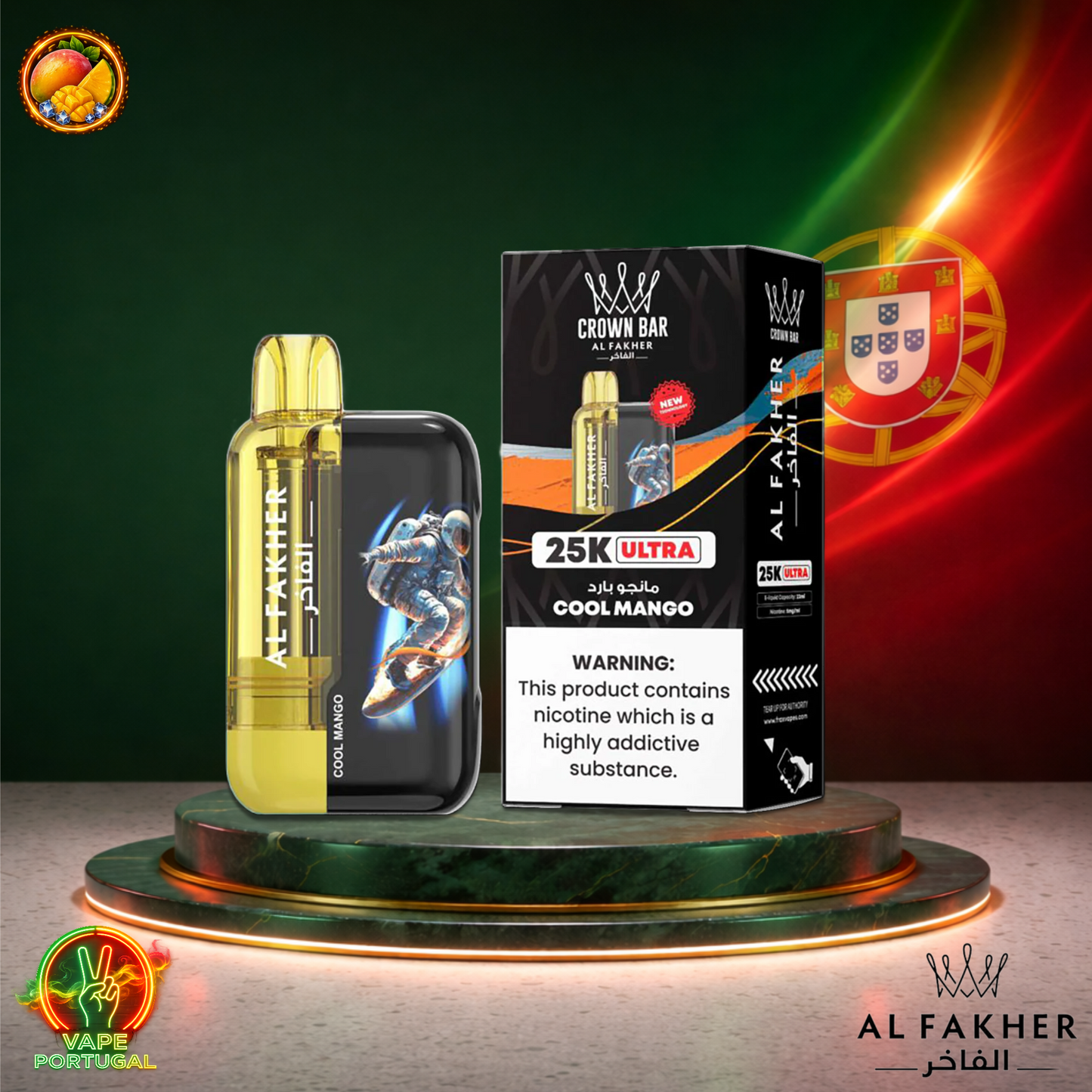 Vape descartável Al Fakher Crown Bar Ultra 25K sabor Cool Mango 25000 puffs 25K tragadas mais barato