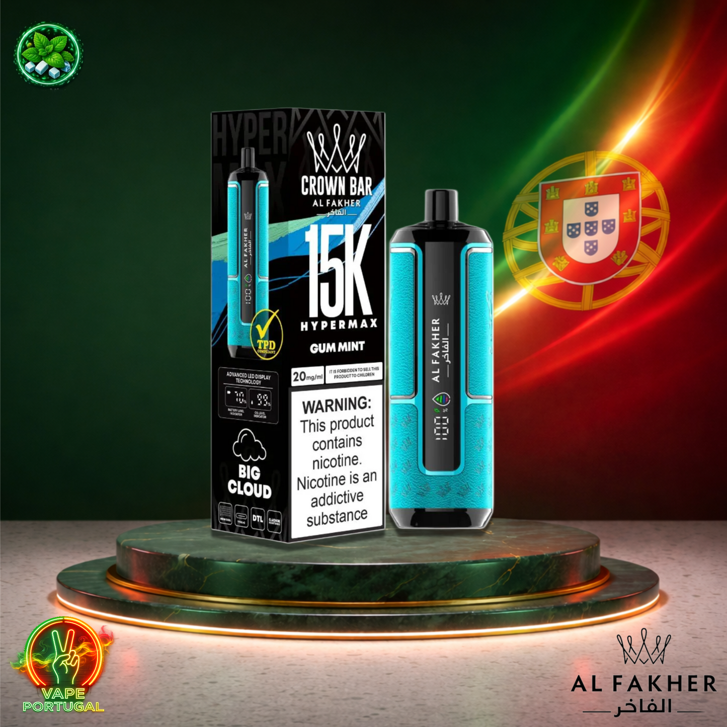 Vape descartável Al Fakher HyperMax 15K sabor Gum Mint 15000 puffs 15K tragadas ao preço mais barato