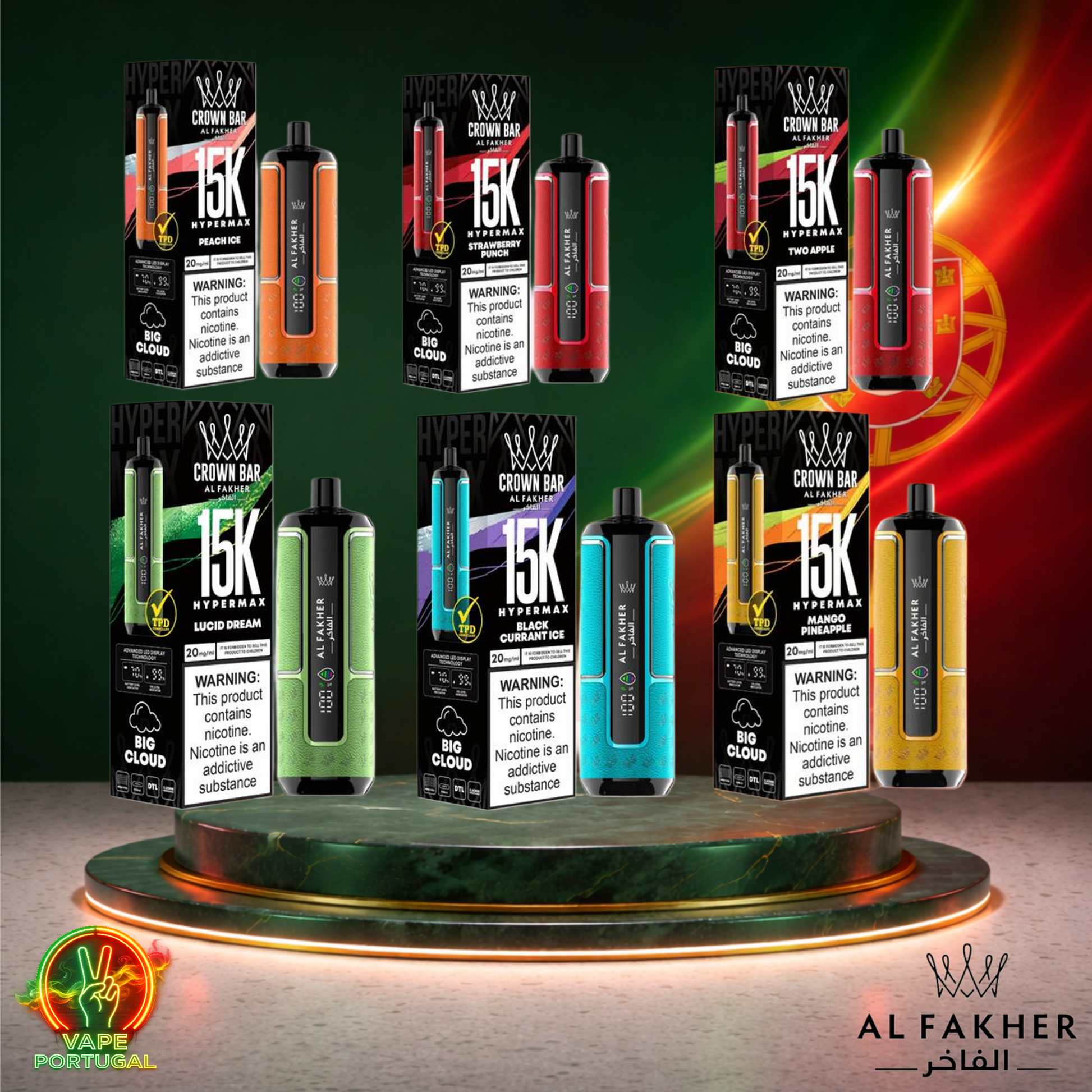 Imagem frontal do vape descartável Al Fakher HyperMax 15K de vários sabores e 15000 puffs (15K tragadas) ao preço mais barato em Portugal.