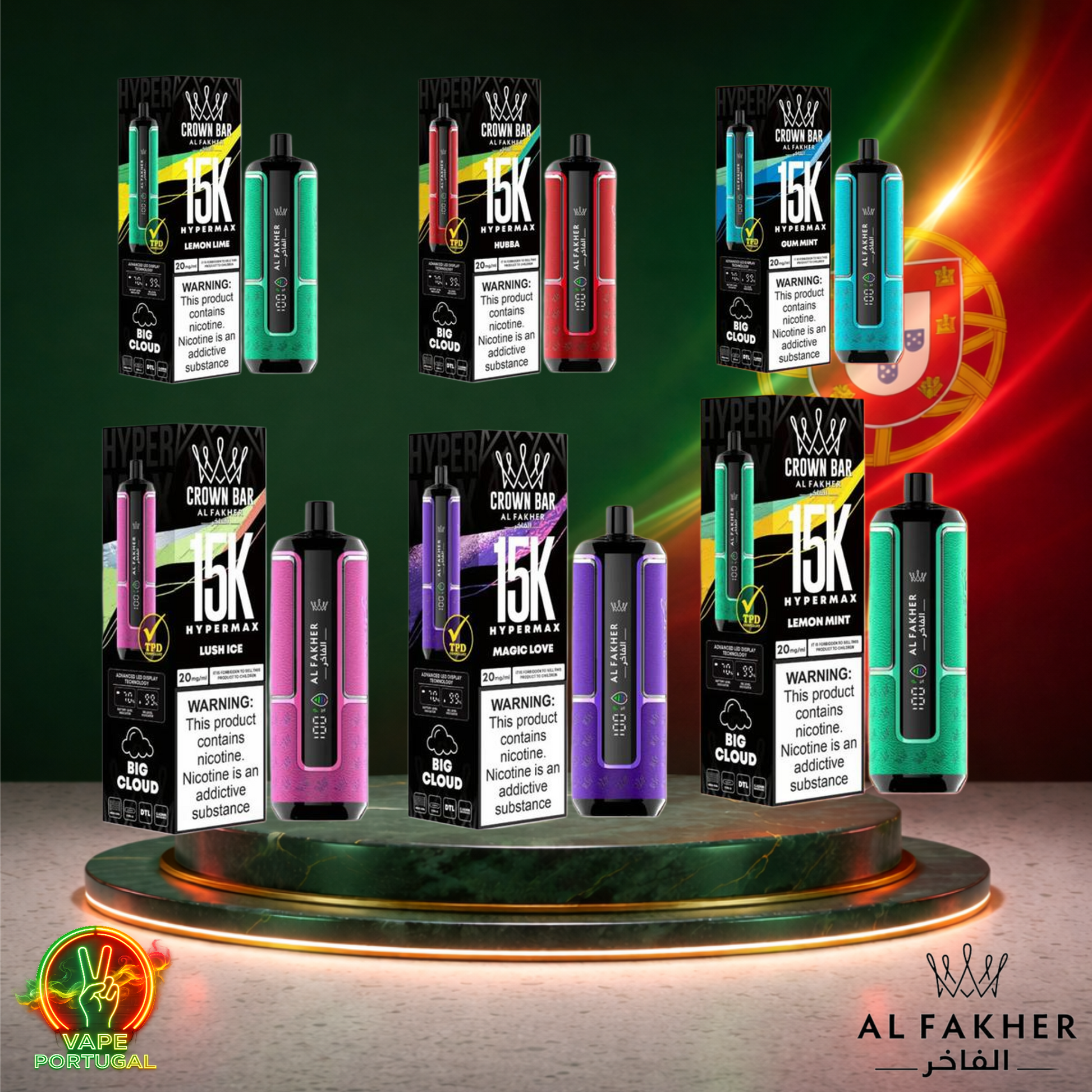 Imagem lateral do vape descartável Al Fakher HyperMax 15K de vários sabores e 15000 puffs (15K tragadas) ao preço mais barato em Portugal.