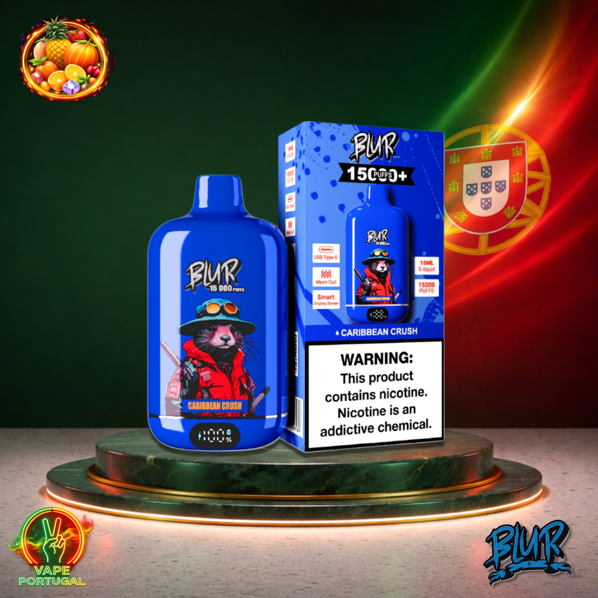 Vape descartável Blur 15K sabor Caribbean Crush 15000 puffs 15K tragadas mais barato