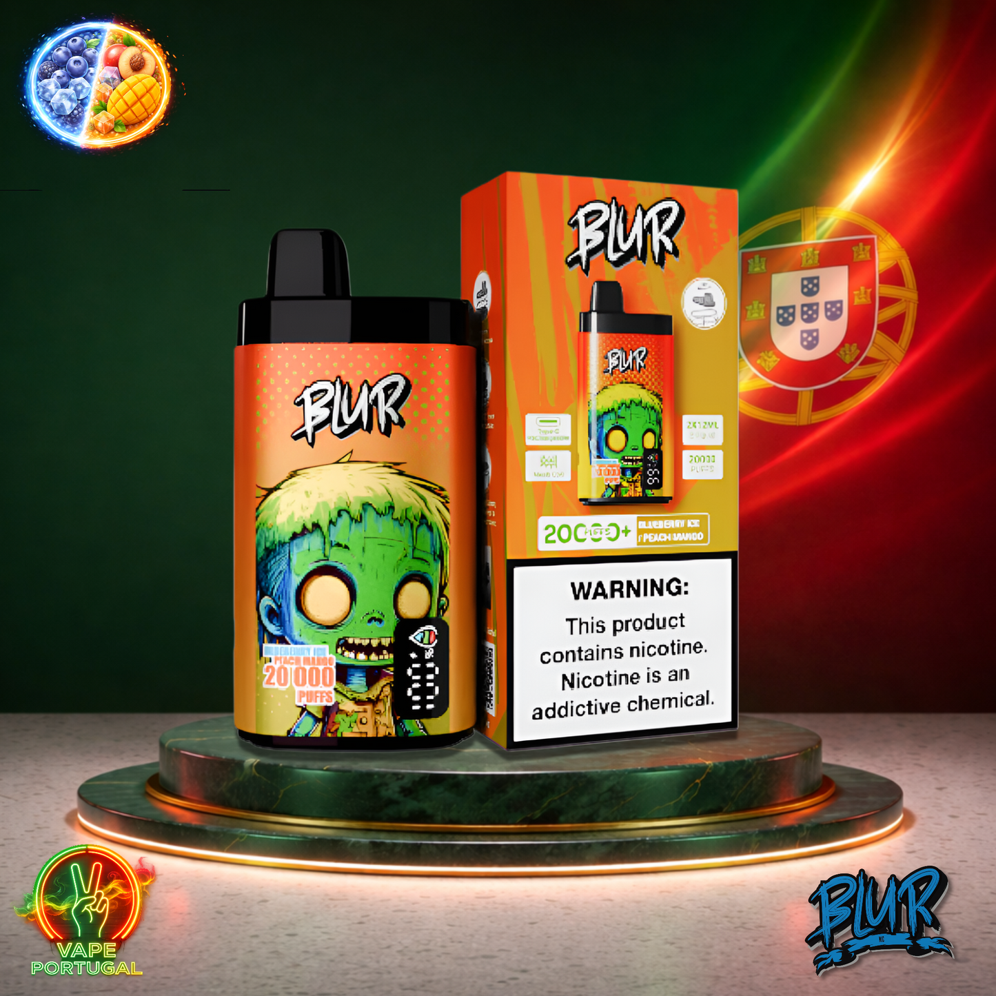 Vape descartável Blur 20K sabor Blueberry Ice Peach Mango 20000 puffs 20K tragadas oficial Portugal mais barato