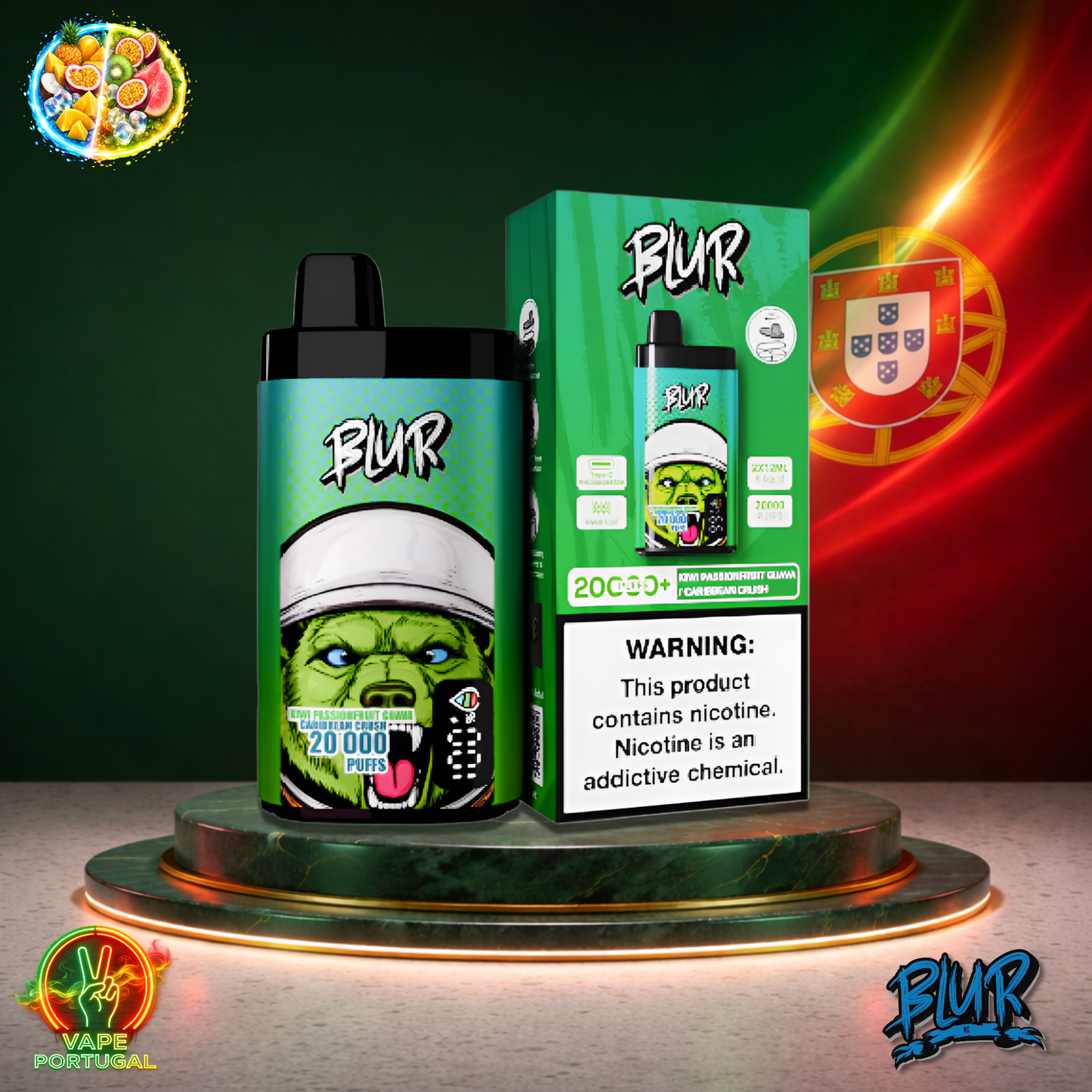 Vape descartável Blur 20K sabor Kiwi Passion Fruit Guava Caribbean Crush 20000 puffs 20K tragadas oficial Portugal mais barato