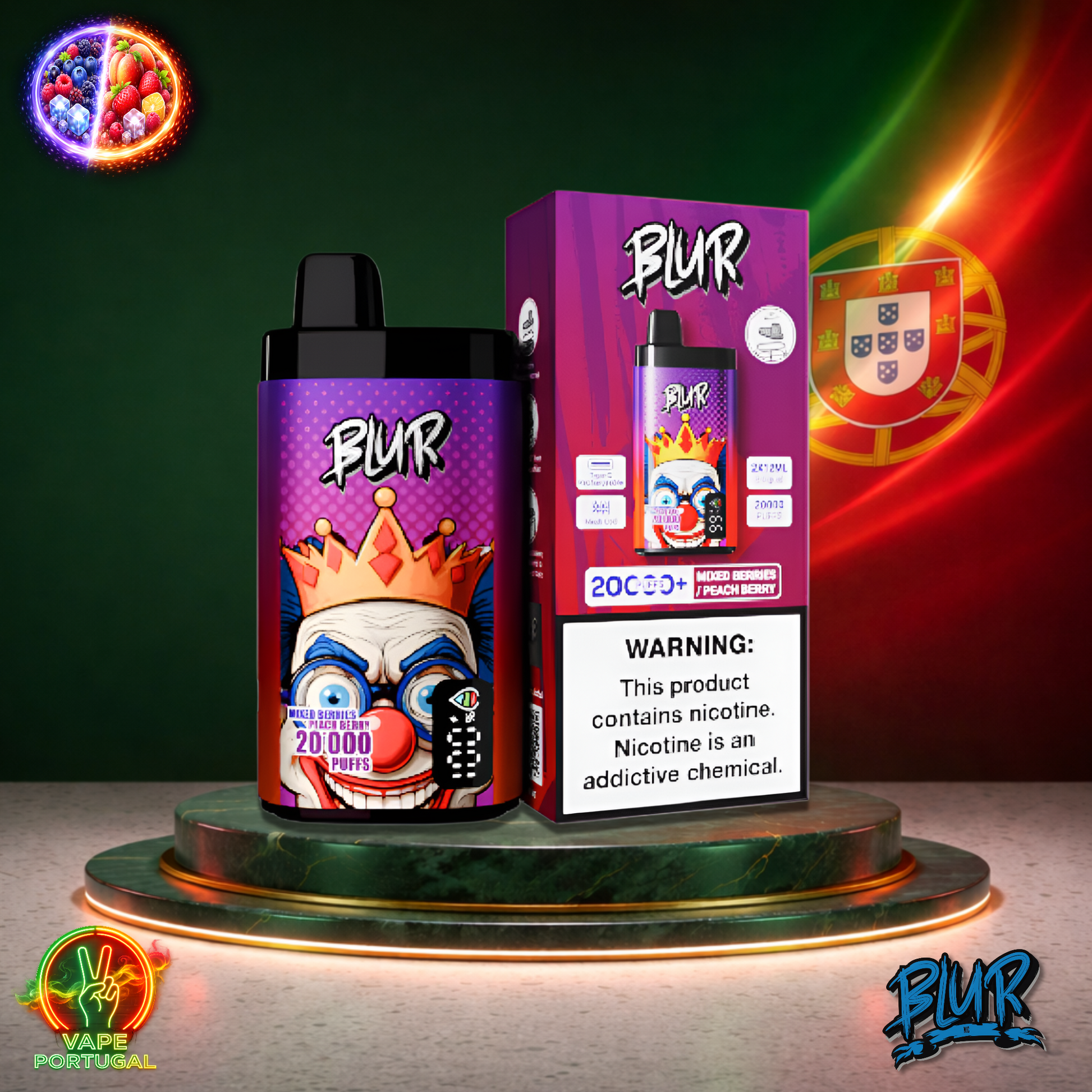 Vape descartável Blur 20K sabor Mixed Berries Peach Berry 20000 puffs 20K tragadas oficial Portugal mais barato