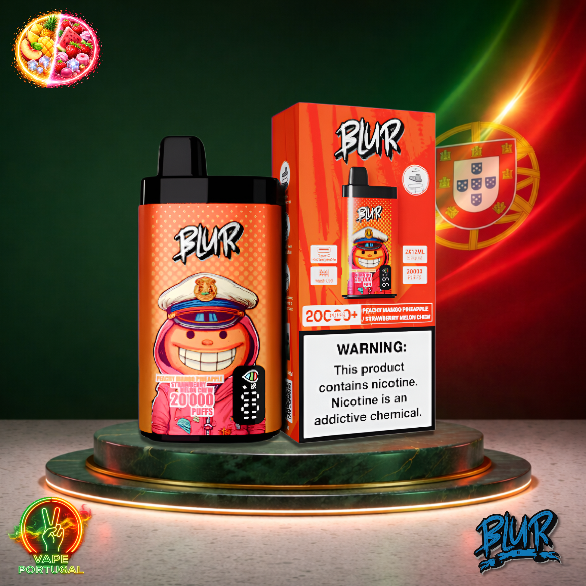 Vape descartável Blur 20K sabor Peach Mango Pineapple Strawberry Melon Chew 20000 puffs 20K tragadas oficial Portugal mais barato