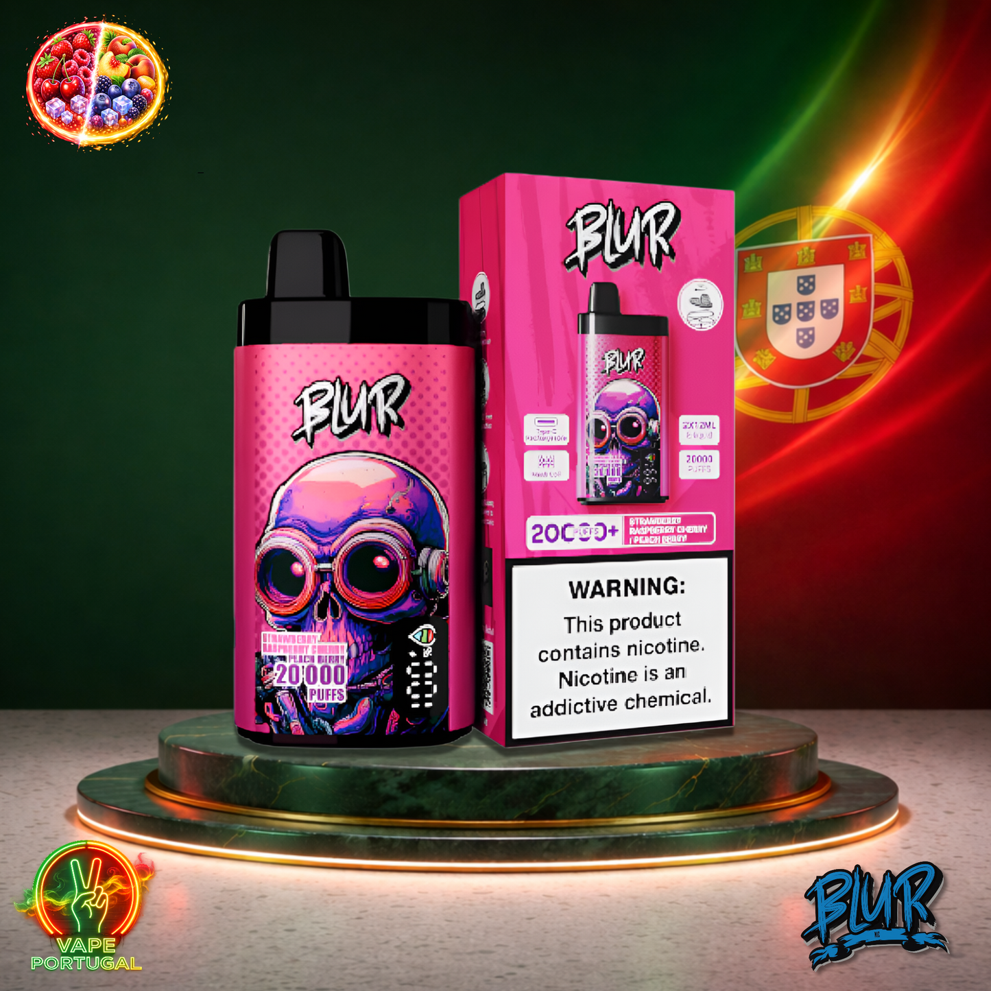 Vape descartável Blur 20K sabor Strawberry Raspberry Cherry Peach Berry 20000 puffs 20K tragadas oficial Portugal mais barato