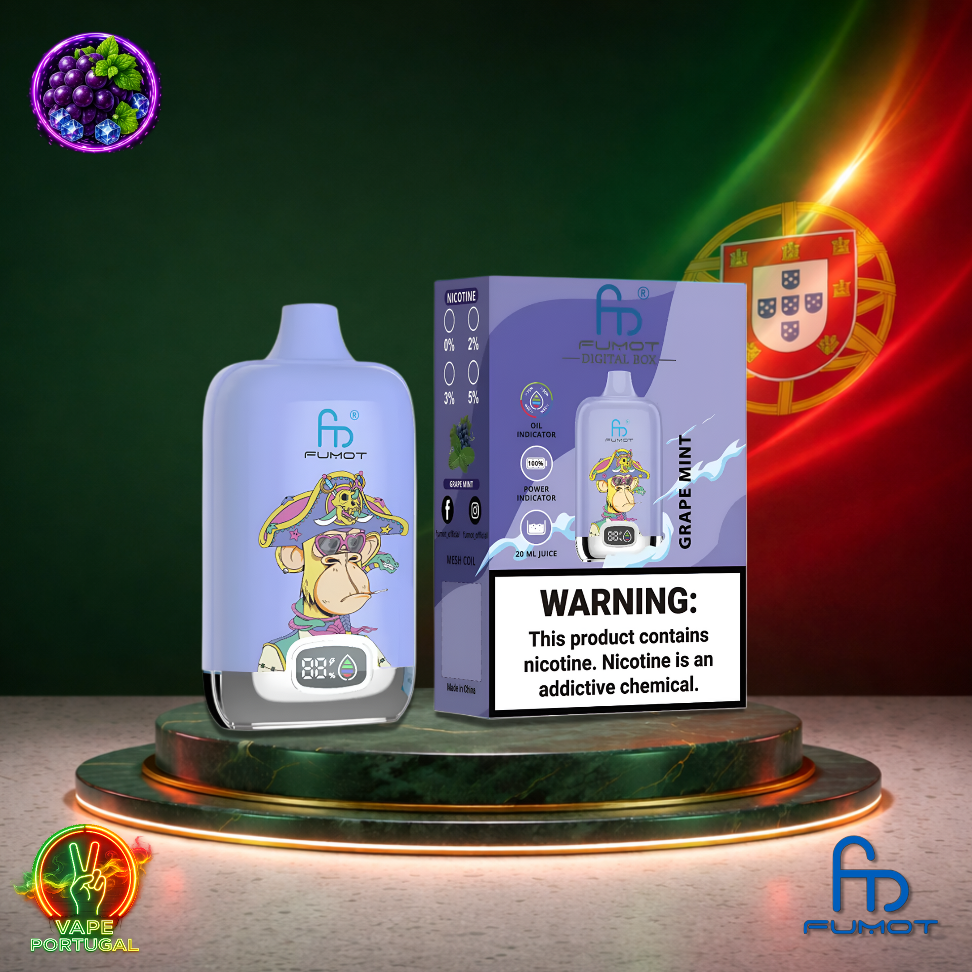 Vape descartável Fumot Digital Box 12K sabor Grape Mint 12000 puffs 12K tragadas mais barato