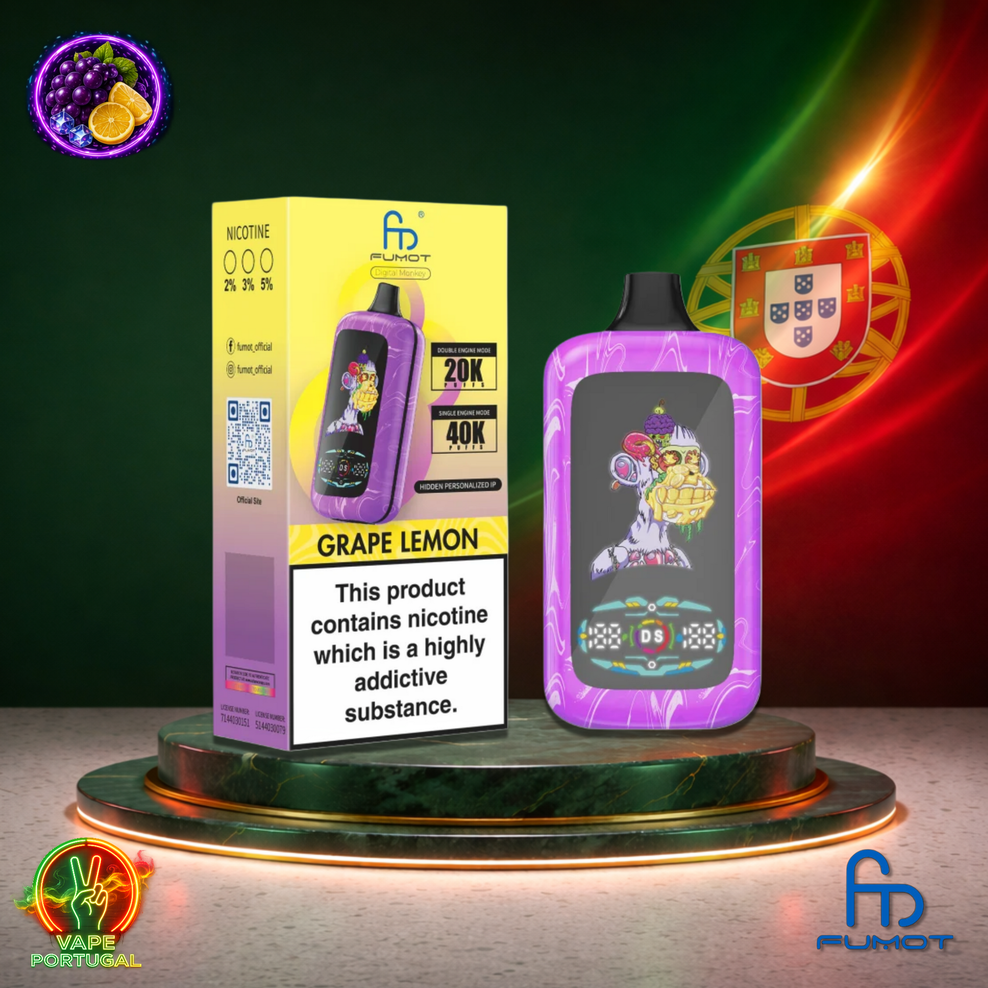 Vape descartável Fumot Digital Monkey 40K sabor Grape Lemon 40000 puffs 40K tragadas mais barato