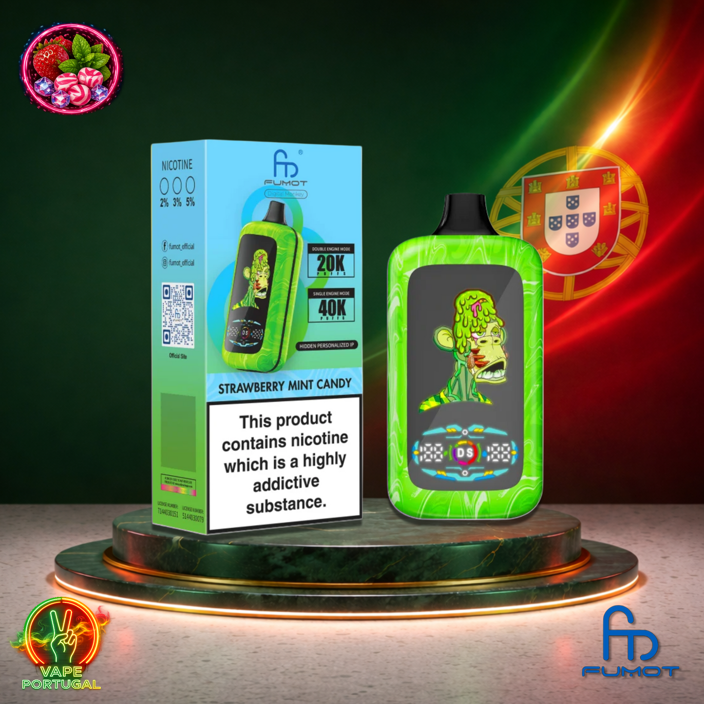 Vape descartável Fumot Digital Monkey 40K sabor Strawberry Mint Candy 40000 puffs 40K tragadas mais barato