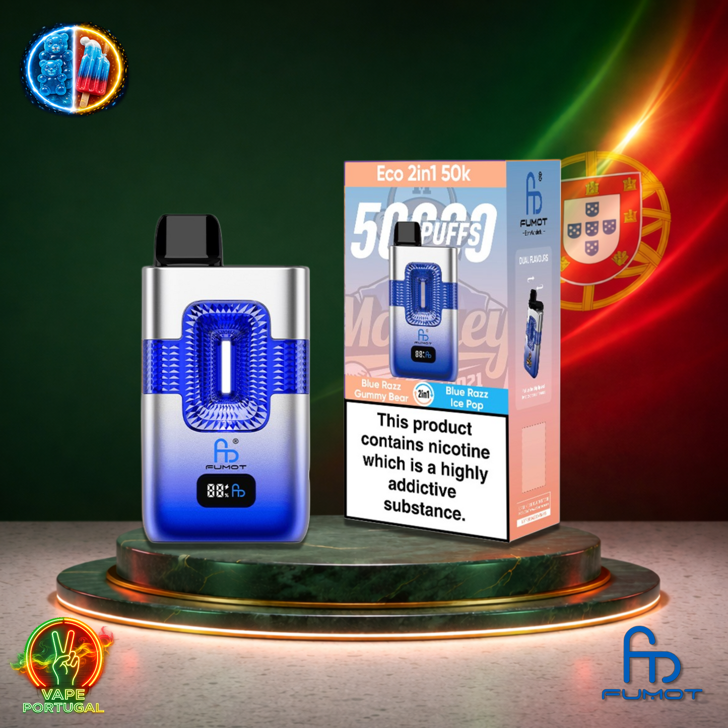 Vape descartável Fumot Eco 2 em 1 50K sabor Blue Razz Gummy Bear Blue Razz Ice Pop 50000 puffs 50K tragadas mais barato