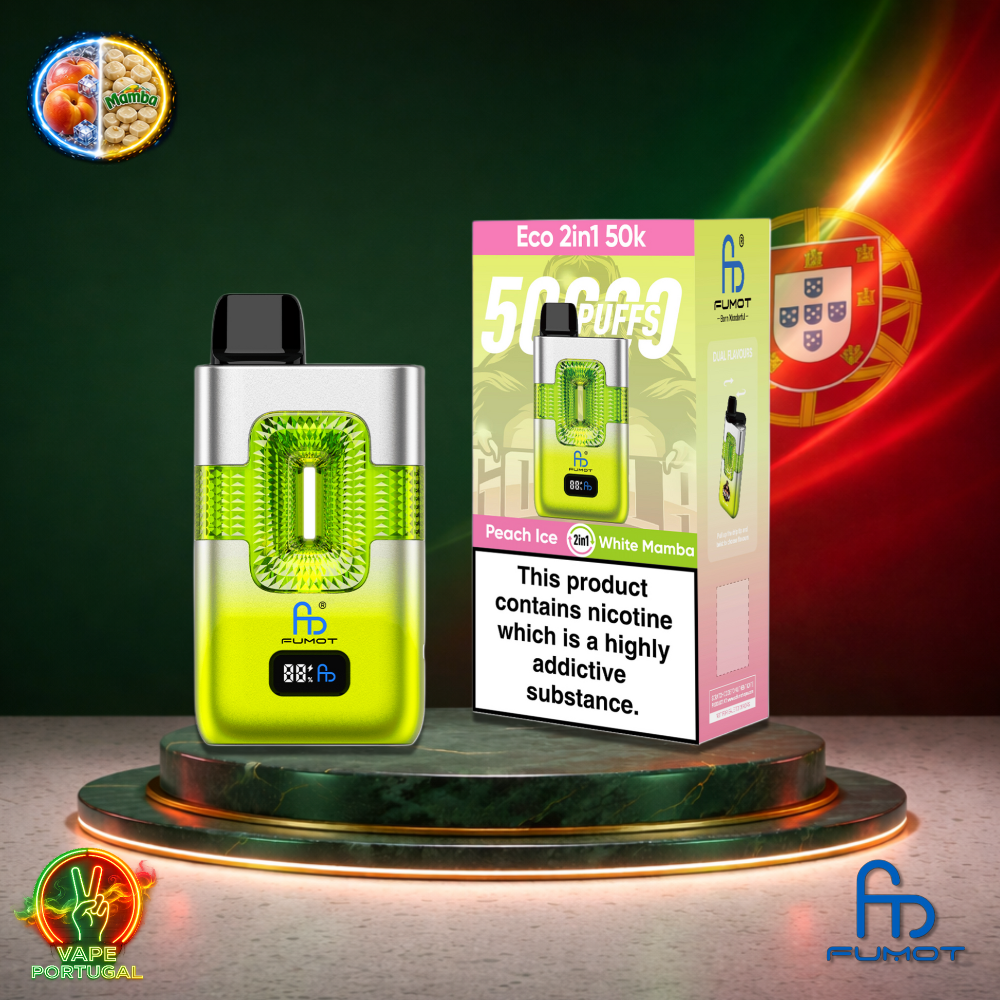 Vape descartável Fumot Eco 2 em 1 50K sabor Peach Ice White Mamba 50000 puffs 50K tragadas mais barato