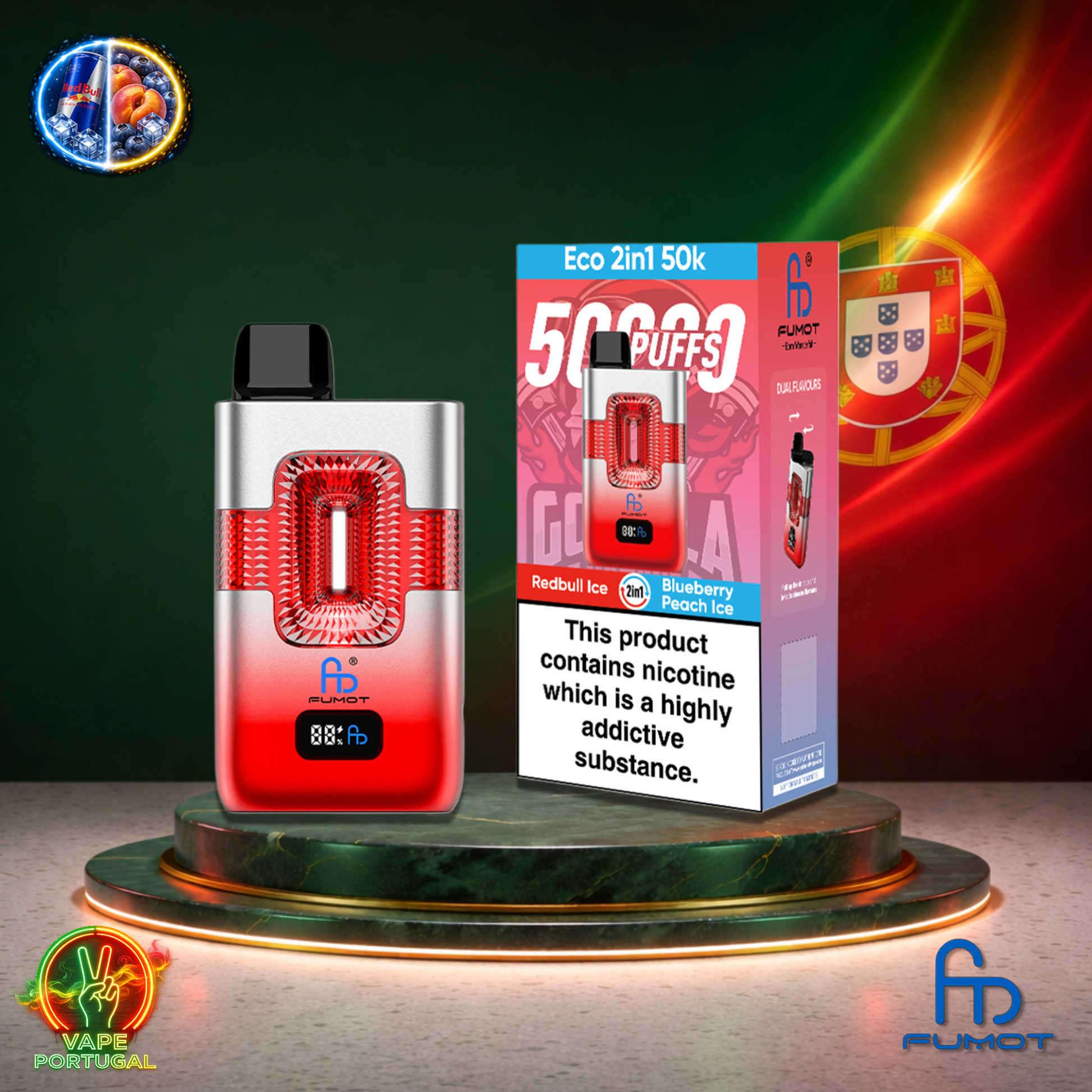 Vape descartável Fumot Eco 2 em 1 50K sabor Redbull Ice Blueberry Peach Ice 50000 puffs 50K tragadas mais barato