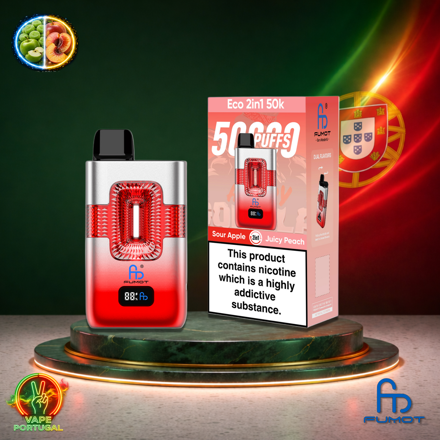 Vape descartável Fumot Eco 2 em 1 50K sabor Sour Apple Juicy Peach 50000 puffs 50K tragadas mais barato