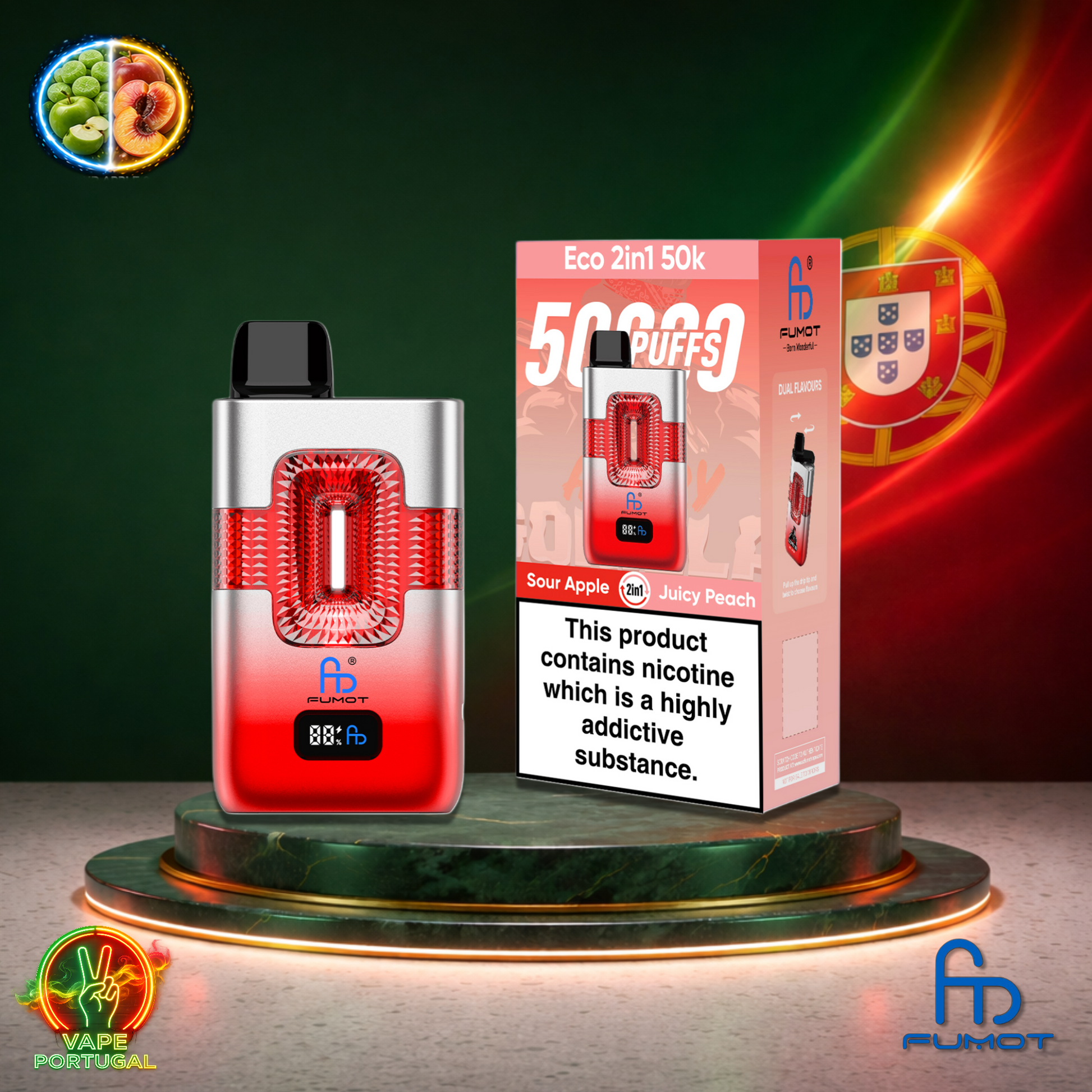 Vape descartável Fumot Eco 2 em 1 50K sabor Sour Apple Juicy Peach 50000 puffs 50K tragadas mais barato