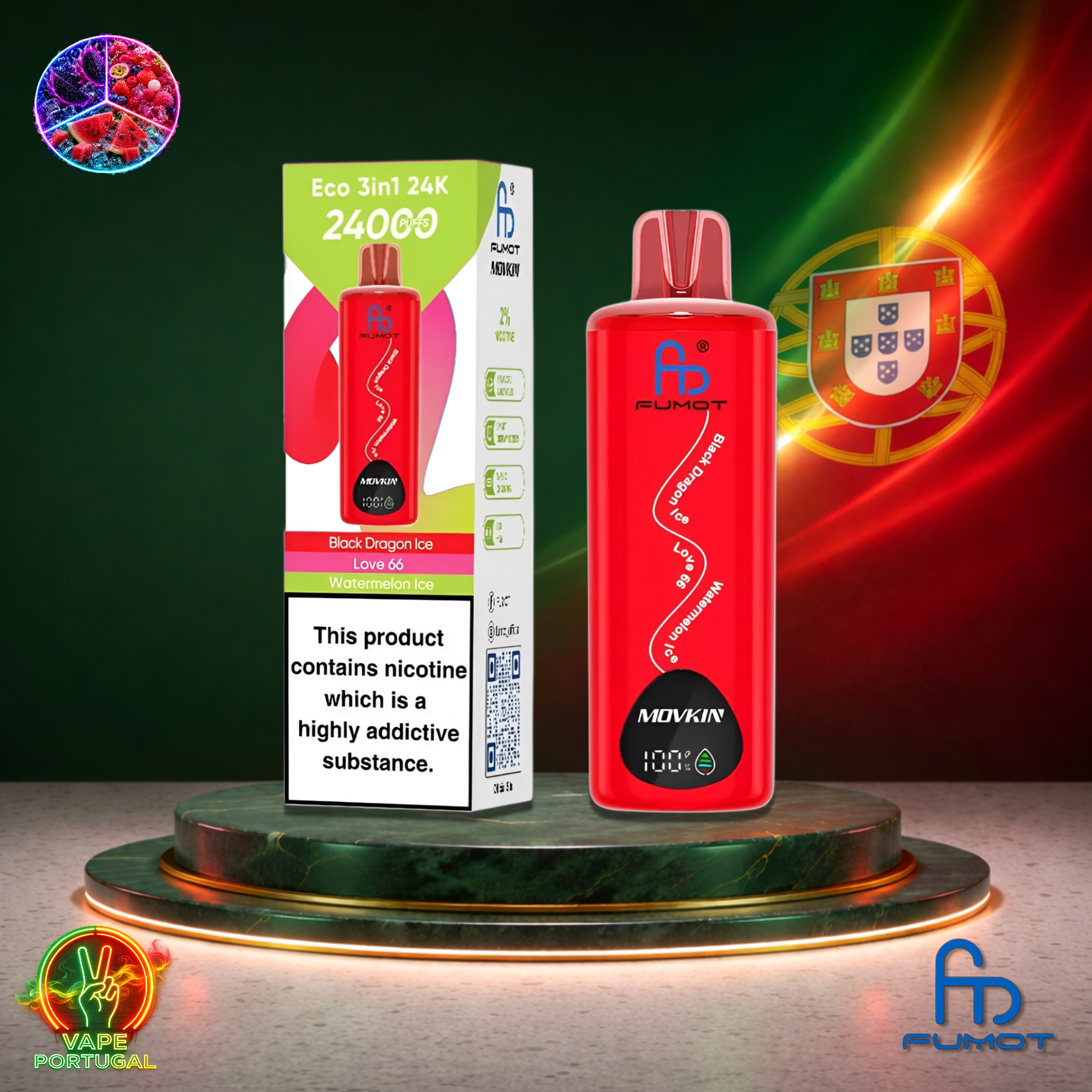 Vape descartável Fumot Eco 3 em 1 24K sabor Black Dragon Ice Love 66 Watermelon Ice 24000 puffs 24K tragadas mais barato