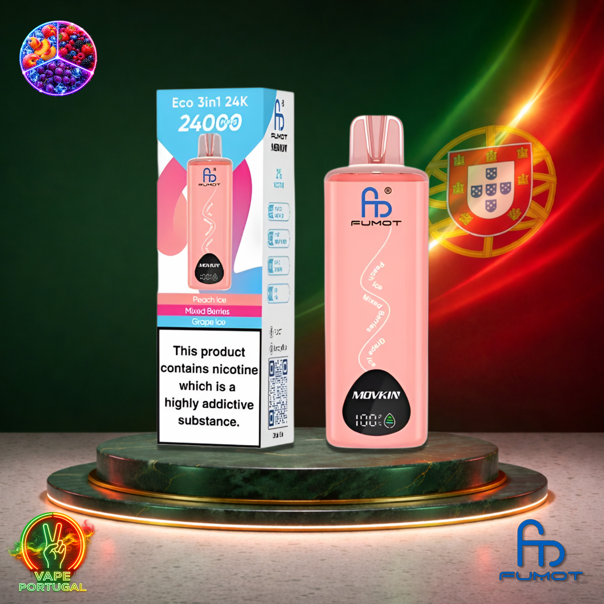 Vape descartável Fumot Eco 3 em 1 24K sabor Peach Ice Mixed Berries Grape Ice 24000 puffs 24K tragadas mais barato