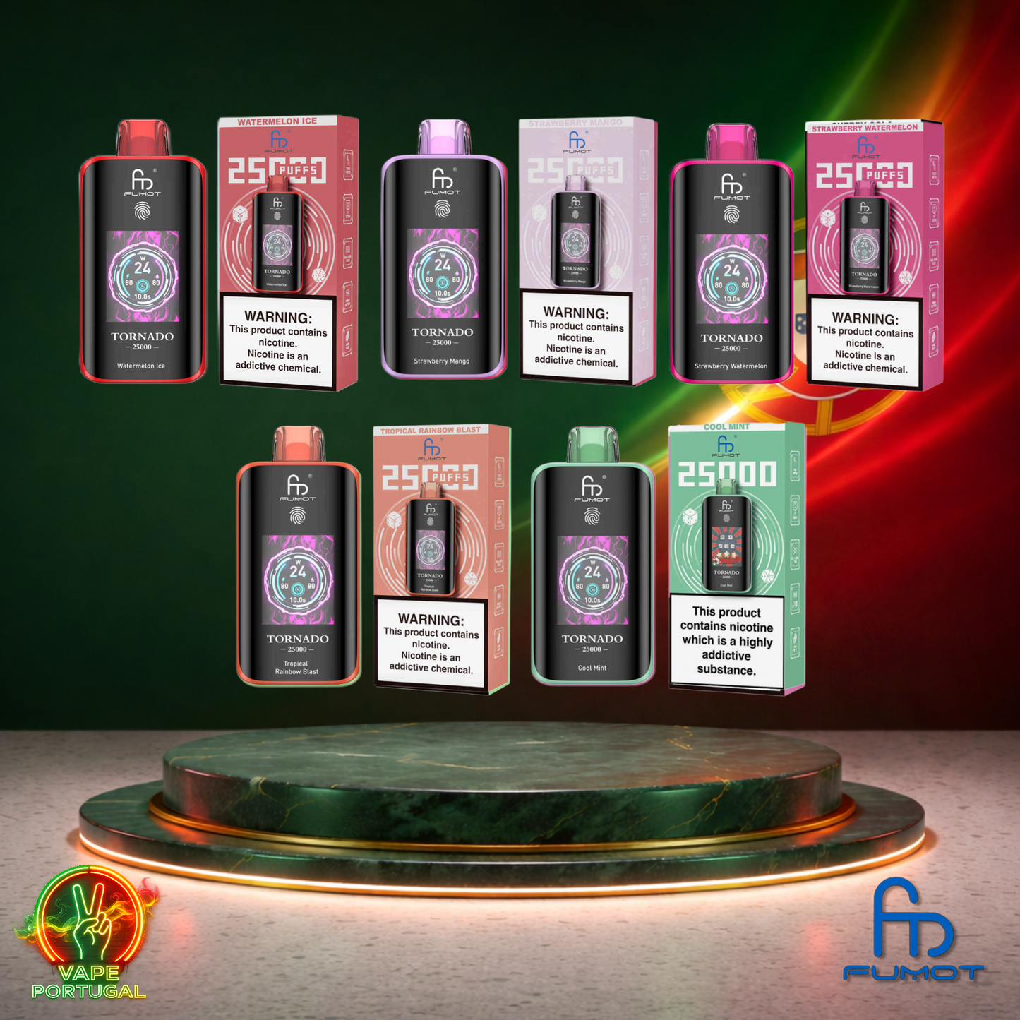 Vape descartável Fumot Tornado 25K vista frontal vários sabores 25000 puffs 25K tragadas mais barato em Portugal