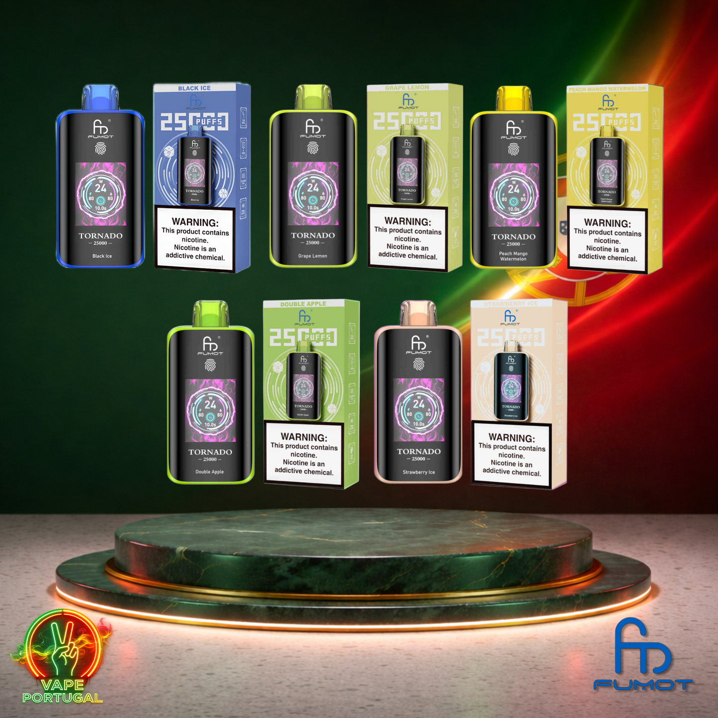 Vape descartável Fumot Tornado 25K vista lateral vários sabores 25000 puffs 25K tragadas mais barato em Portugal