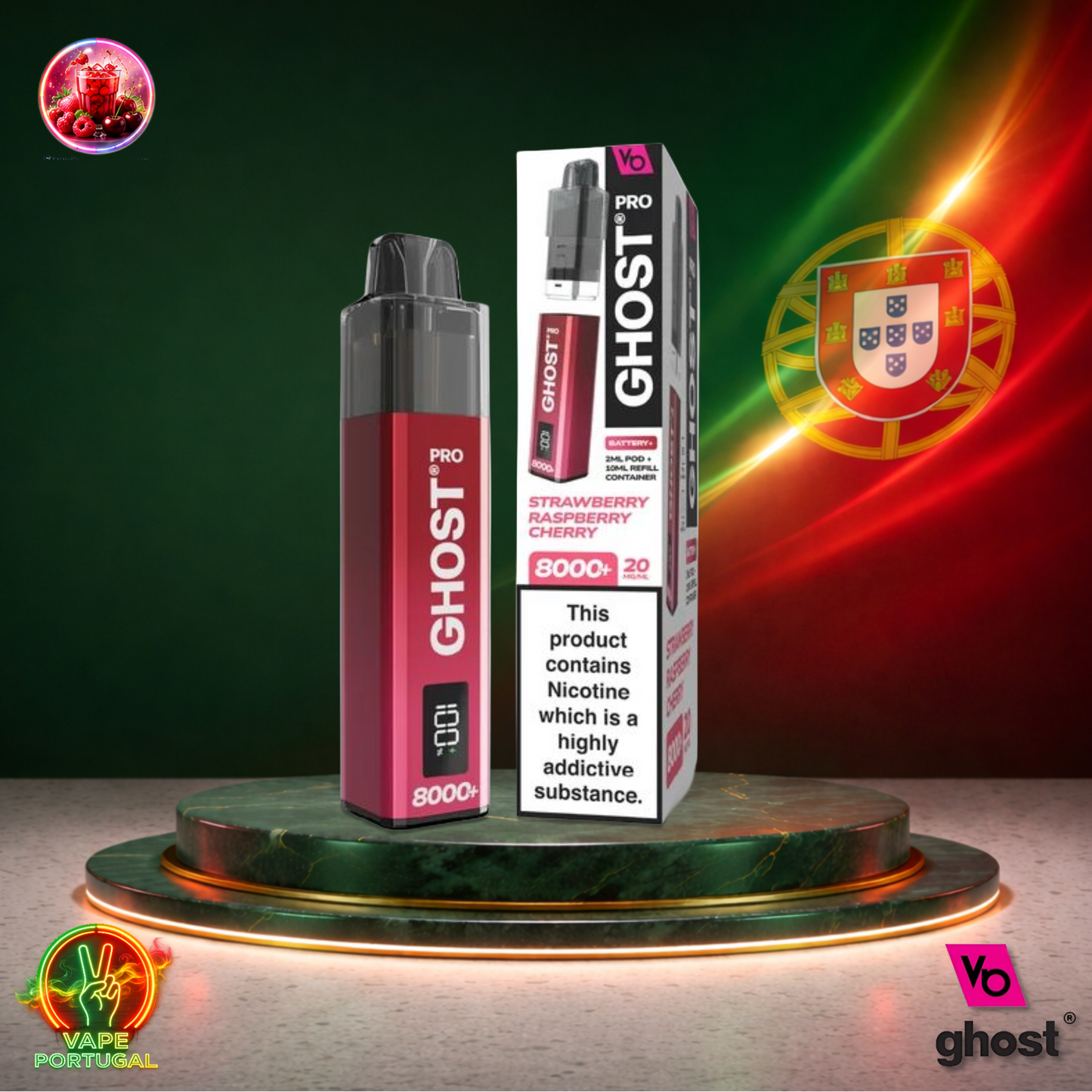 Vape descartável Ghost Pro 8K Strawberry Raspberry Cherry 8000 puffs comprar em Portugal