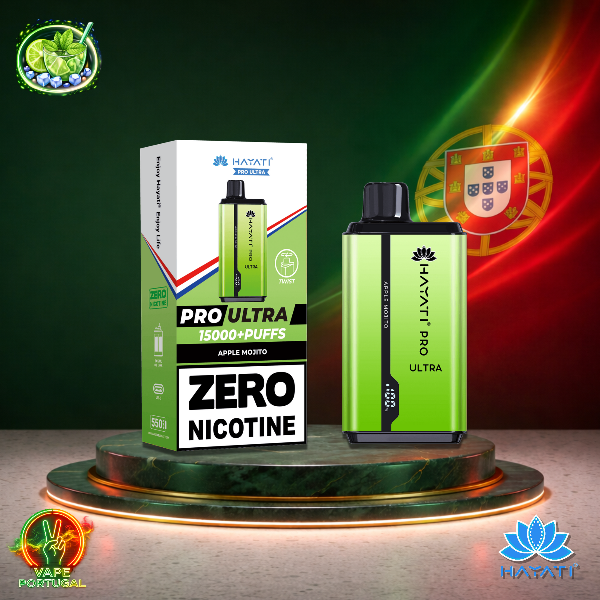 Vape descartável Hayati Pro Ultra 15K sabor Apple Mojito 0% nicotina 15000 puffs 15K tragadas mais barato