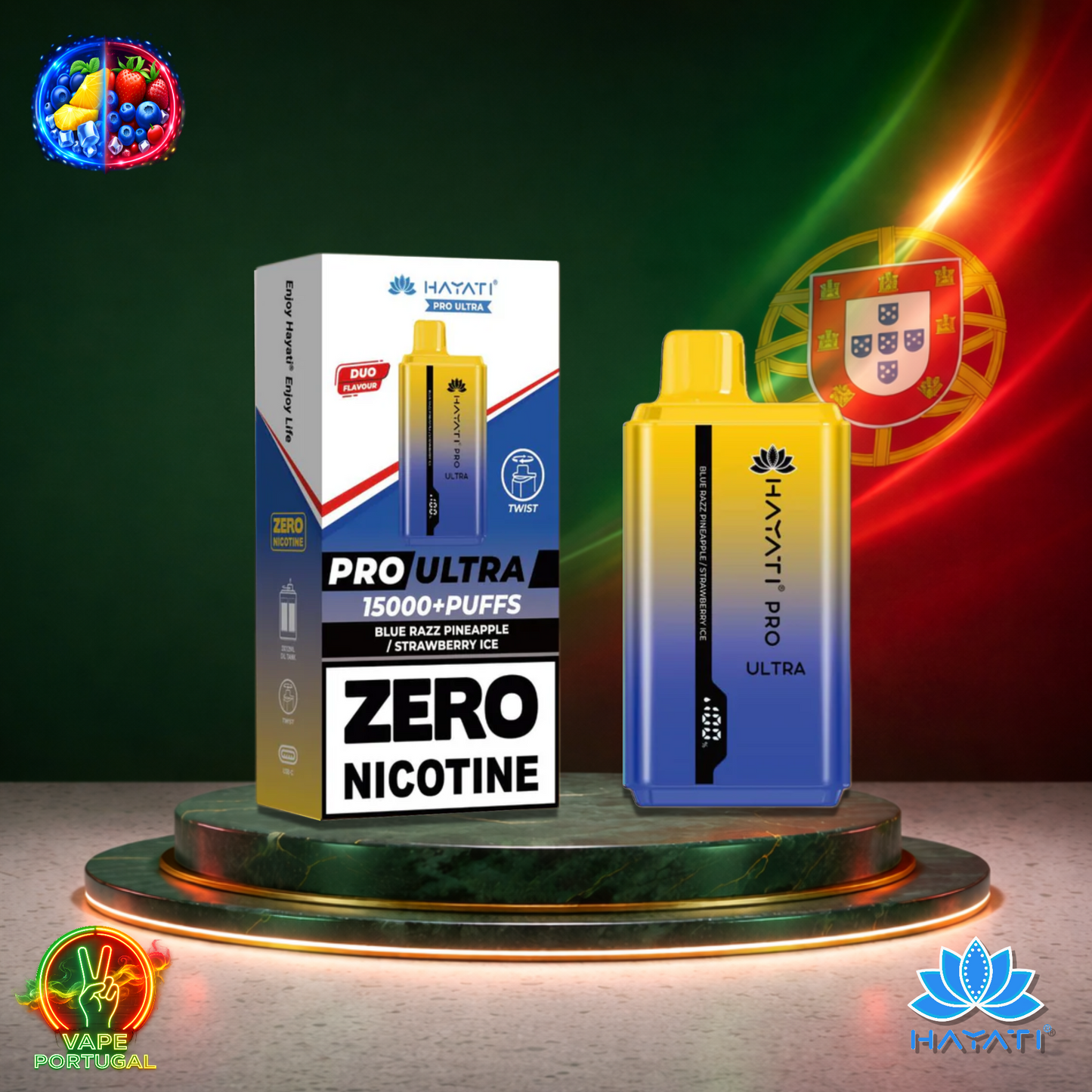 Vape descartável Hayati Pro Ultra 15K sabor Blue Razz Pineapple / Strawberry Ice 0% nicotina 15000 puffs 15K tragadas mais barato