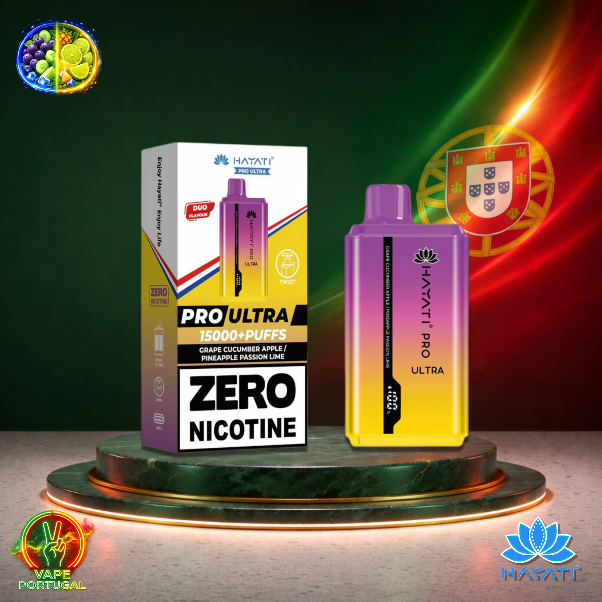 Vape descartável Hayati Pro Ultra 15K sabor Grape Cucumber / Apple Pineapple Passion Lime 0% nicotina 15000 puffs 15K tragadas mais barato