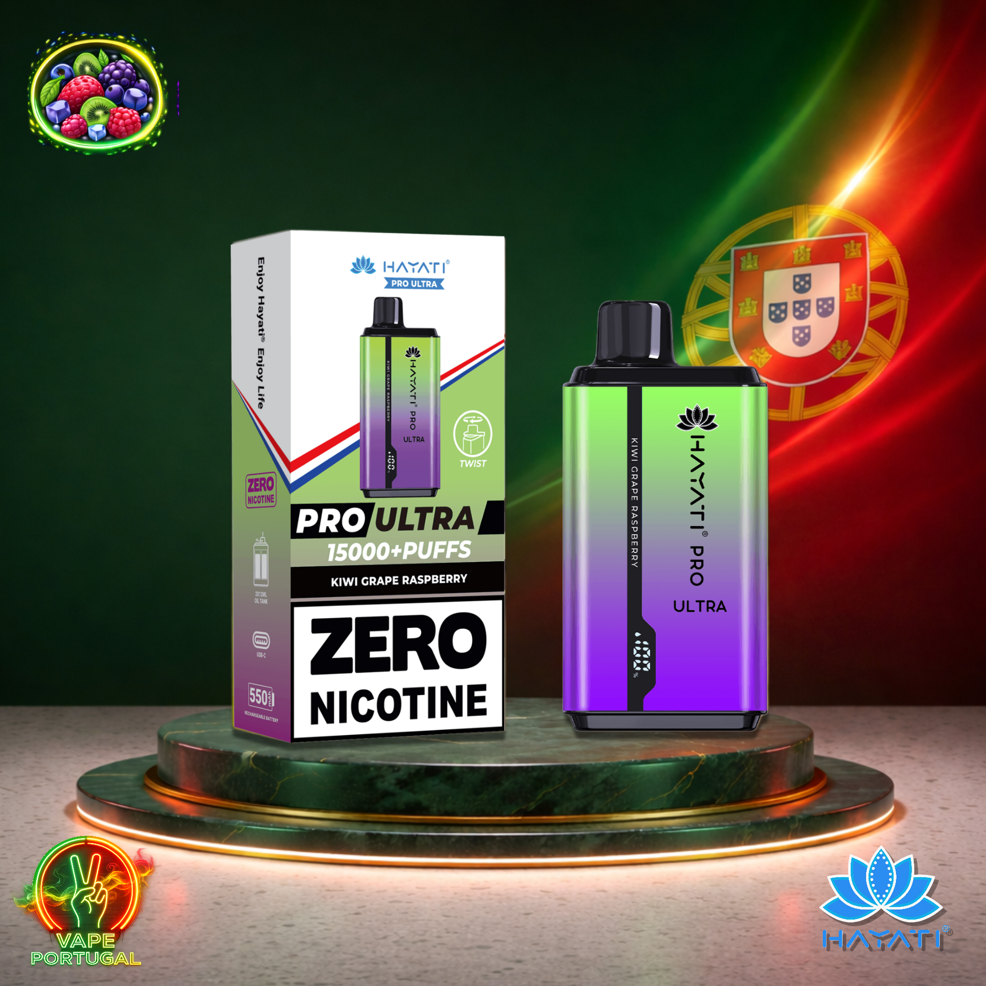 Vape descartável Hayati Pro Ultra 15K sabor Kiwi Grape / Raspberry 0% nicotina 15000 puffs 15K tragadas mais barato