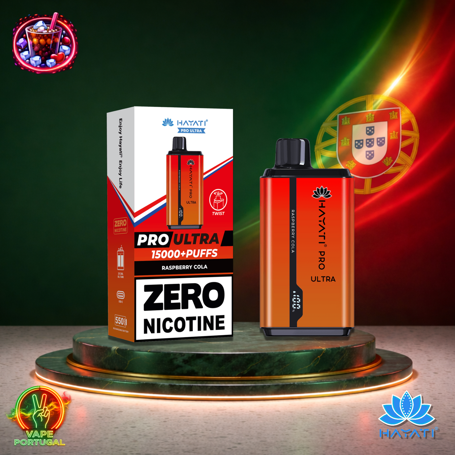Vape descartável Hayati Pro Ultra 15K sabor Raspberry Cola 0% nicotina 15000 puffs 15K tragadas mais barato