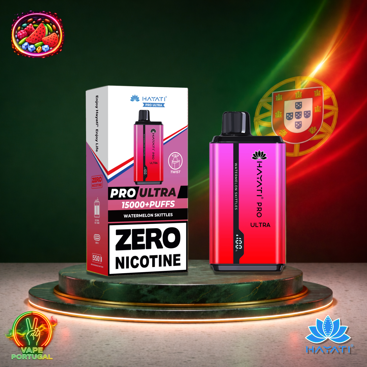 Vape descartável Hayati Pro Ultra 15K sabor Watermelon Skittles 0% nicotina 15000 puffs 15K tragadas mais barato